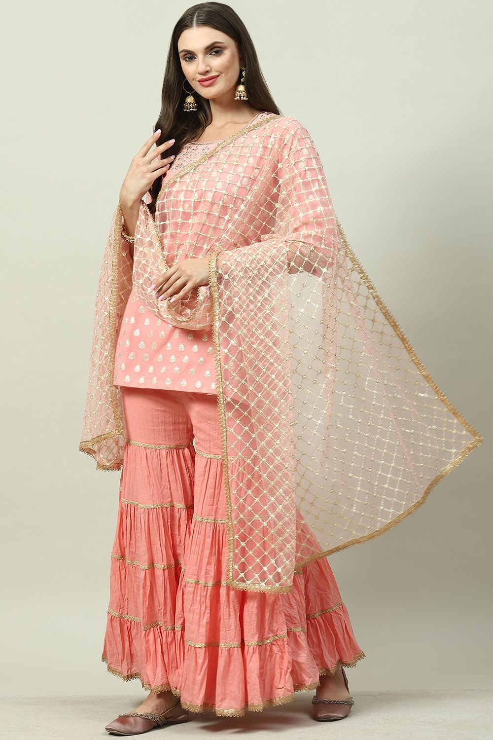 Light Pink Art Silk Straight Kurta Garara Suit Set image number 5