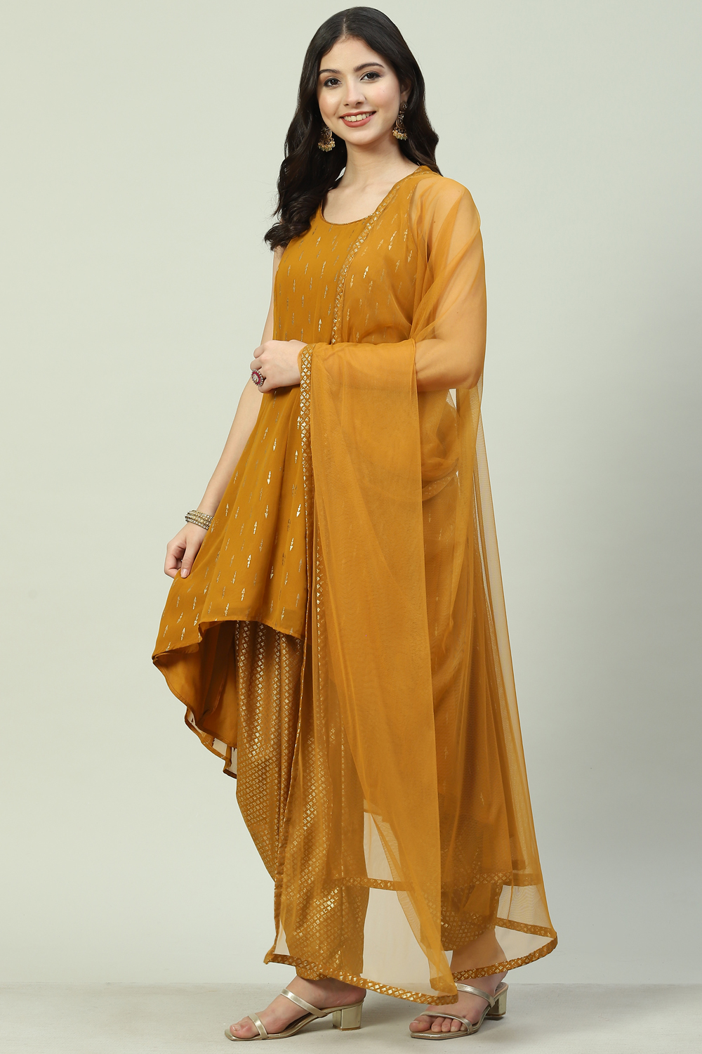 Mustard Art Silk Asymmetric Kurta Dhoti Salwar Suit Set image number 5