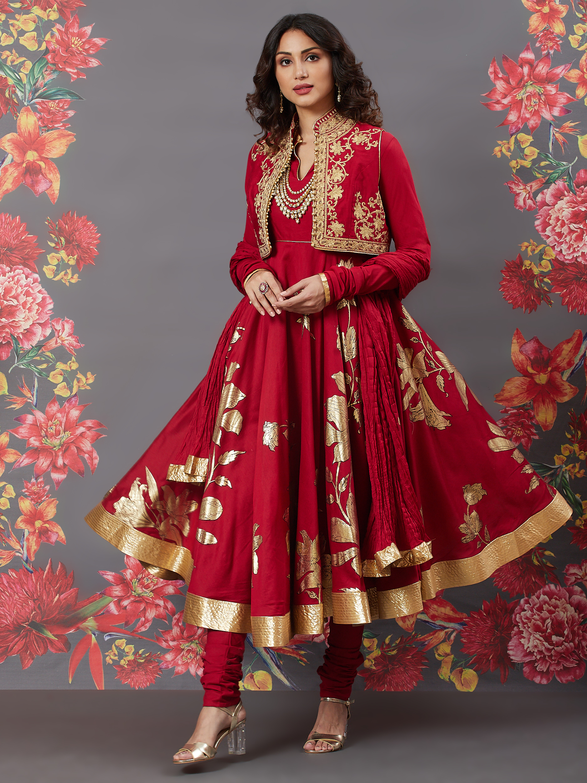 Rohit Bal Red Cotton Silk Anarkali Printed Suit image number 5