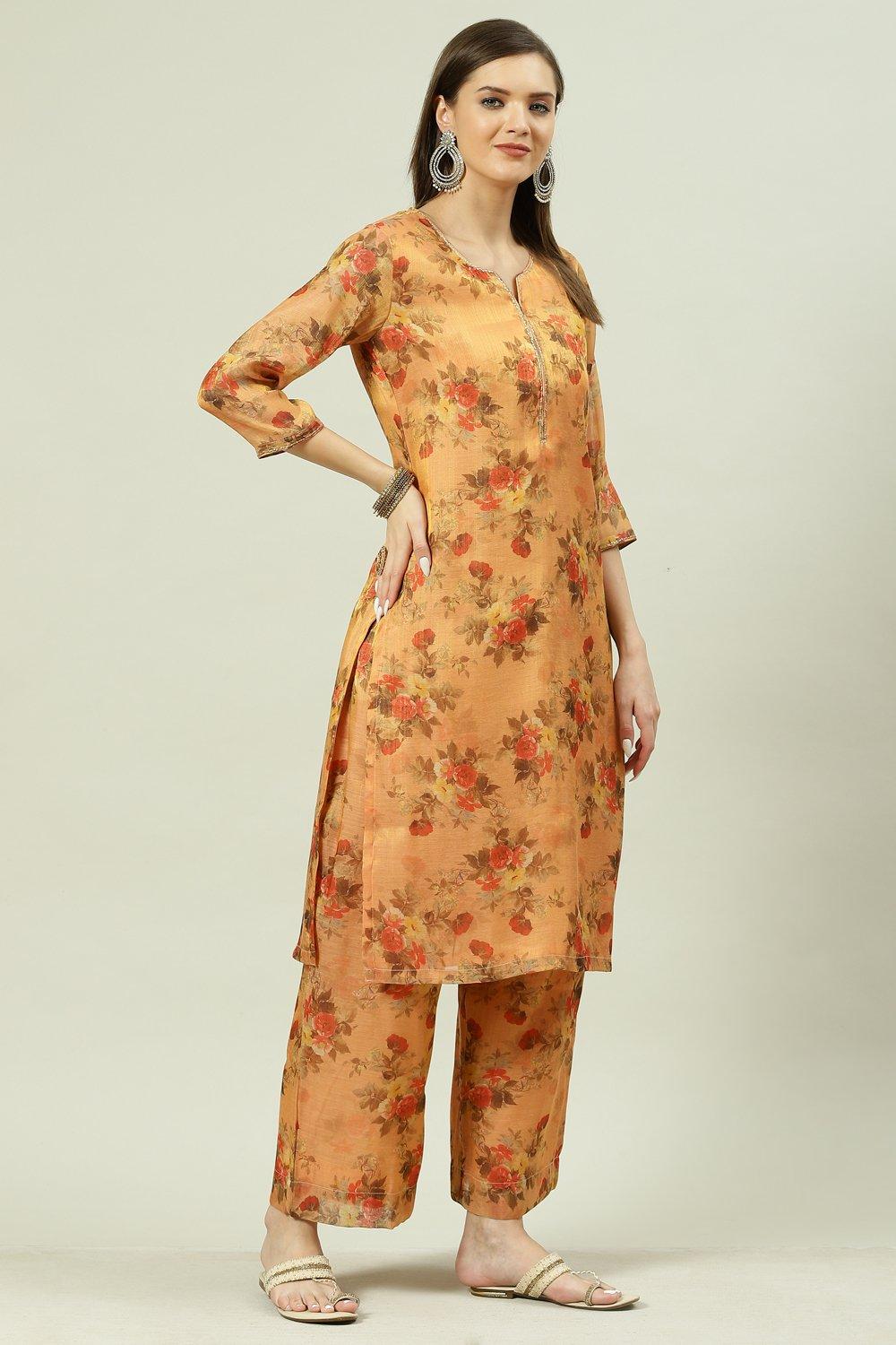 Peach Printed Straight Kurta Palazzo Suit Set image number 5