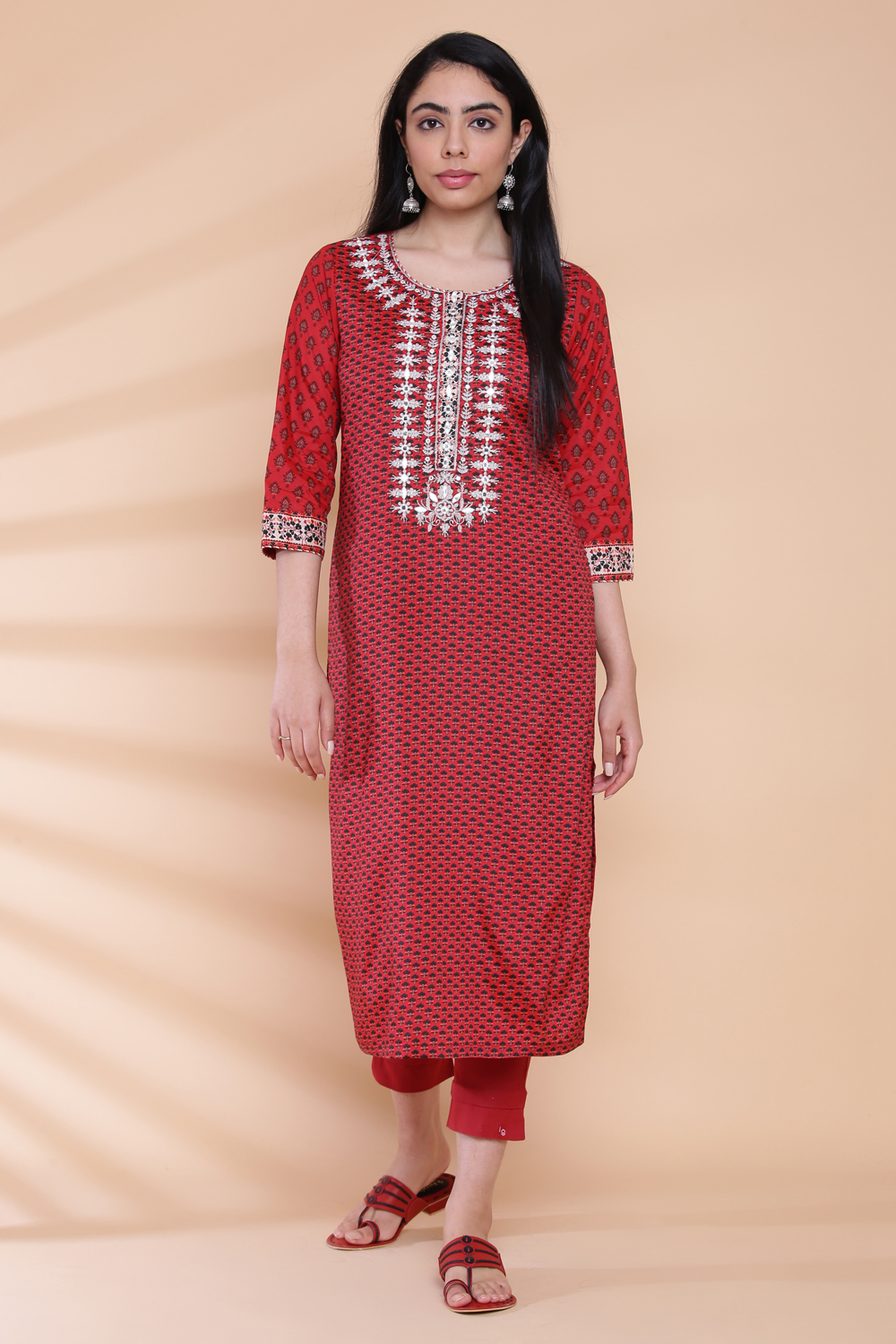 Terracotta Red Viscose Straight Printed Kurta image number 2