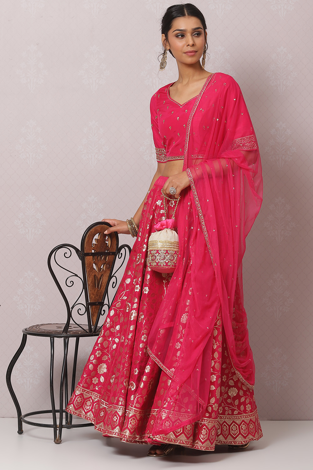Hot Pink Straight Art Silk Lehenga Set image number 5