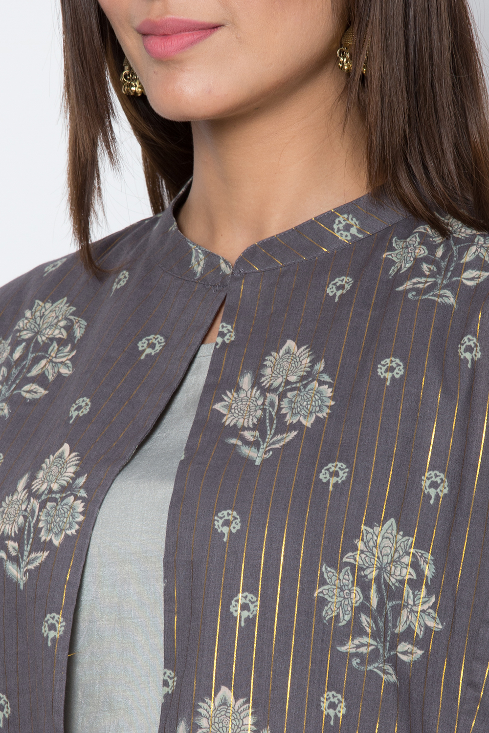 Light Grey Metallic Cotton Front Open Printed Kurta image number 1