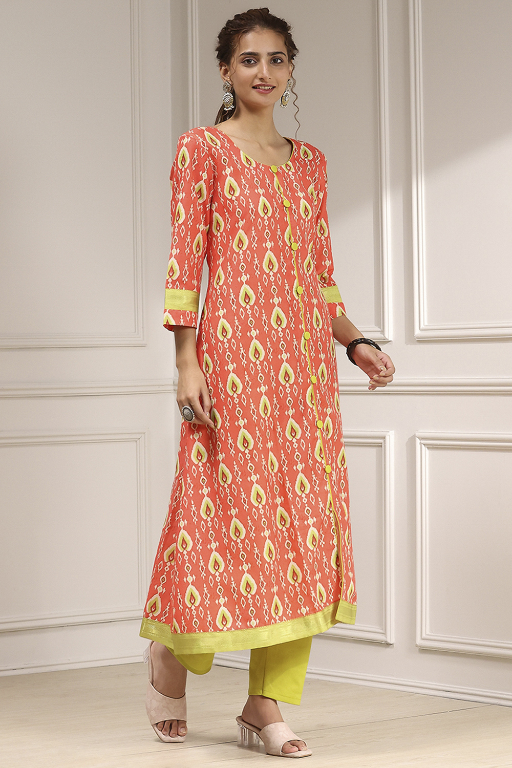 Orange Cotton Digital Print Unstitched Suit Set image number 6