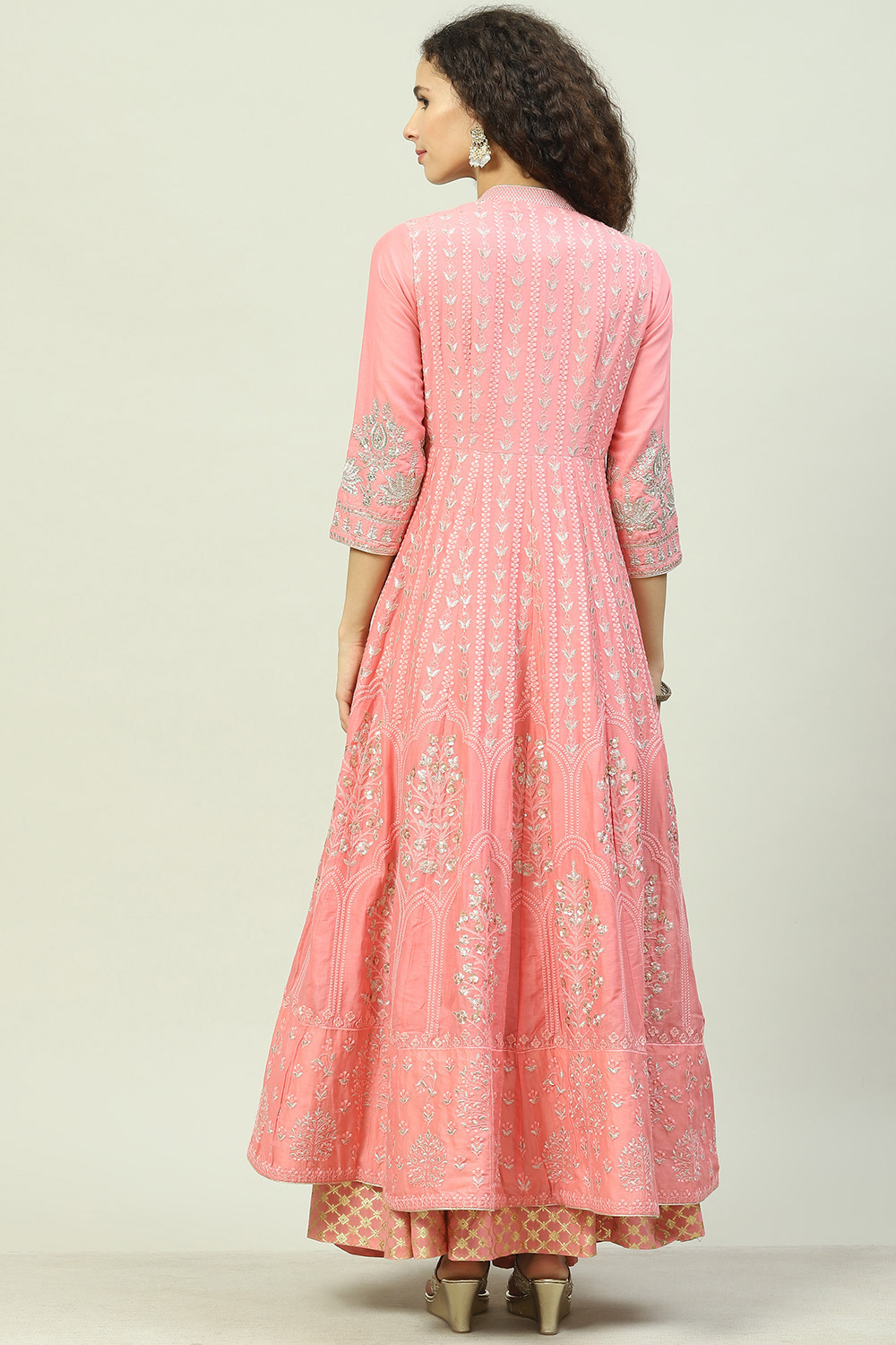 Off White Cotton Anarkali Kurta Lehenga Suit Set image number 4