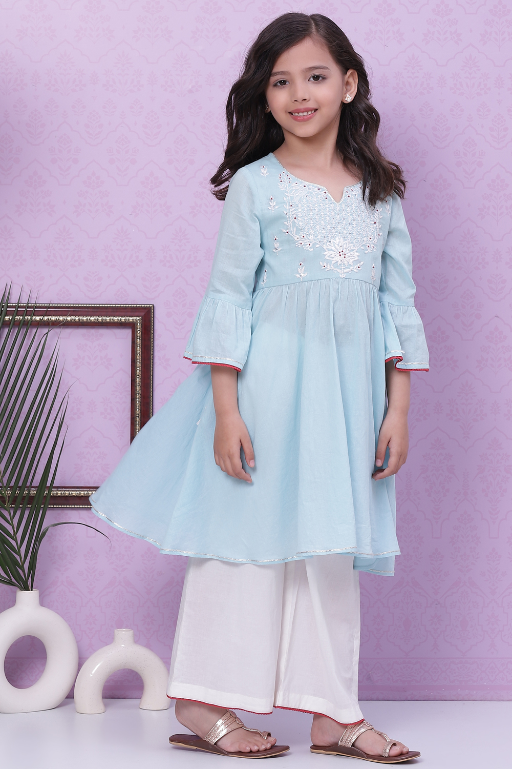 Sky Blue Cotton Flared Embroidered Kurta Set image number 5