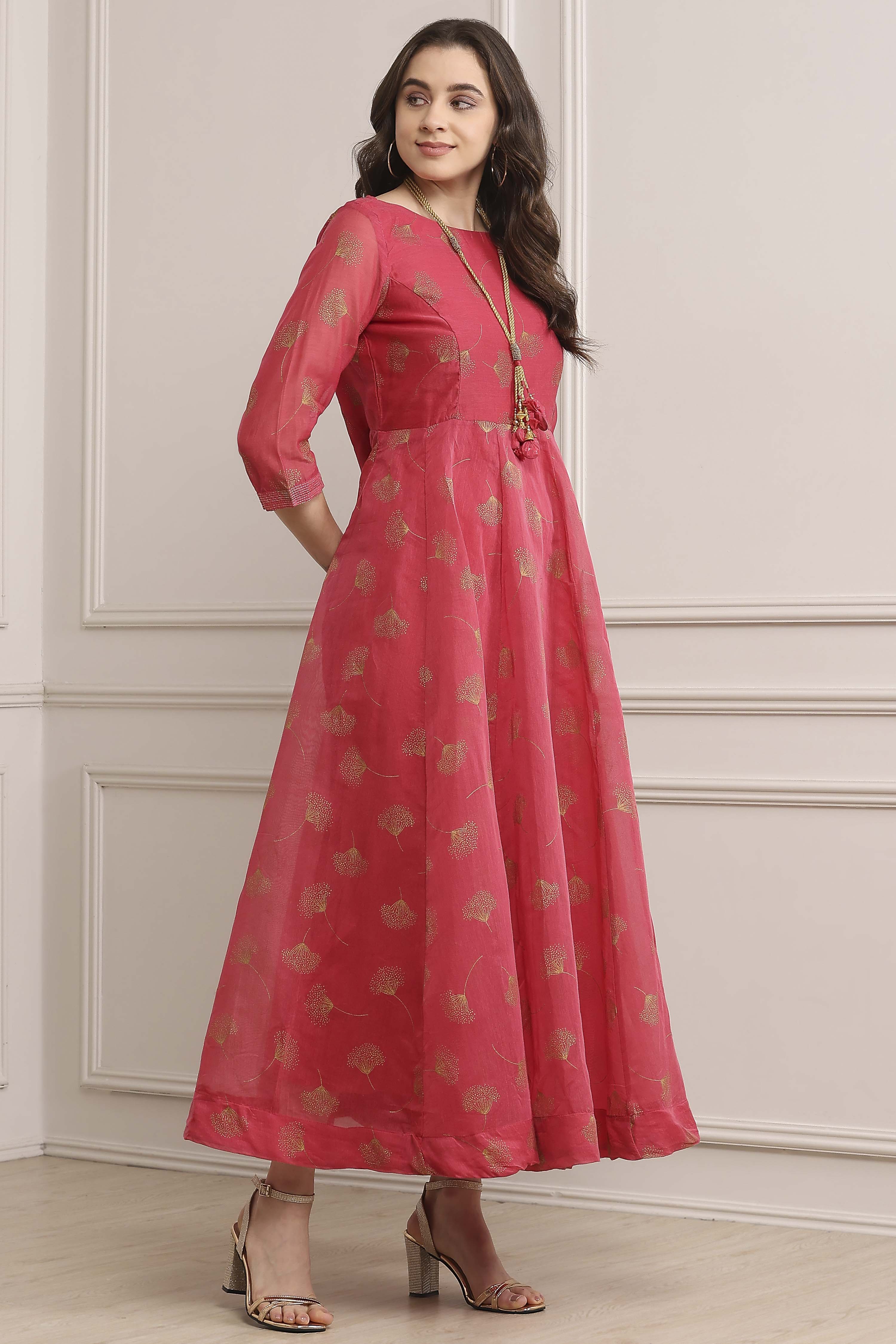 Pink Cotton Blend Flared Printed Dress image number 5