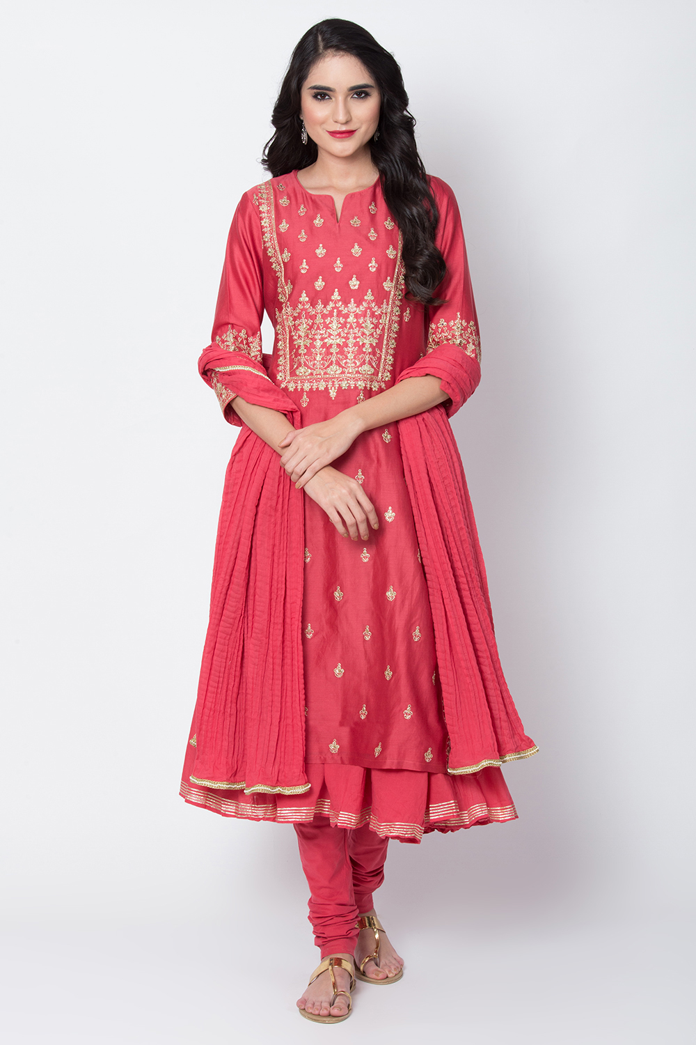 Coral Cotton Blend Flared Kurta Churidar Suit Set image number 0