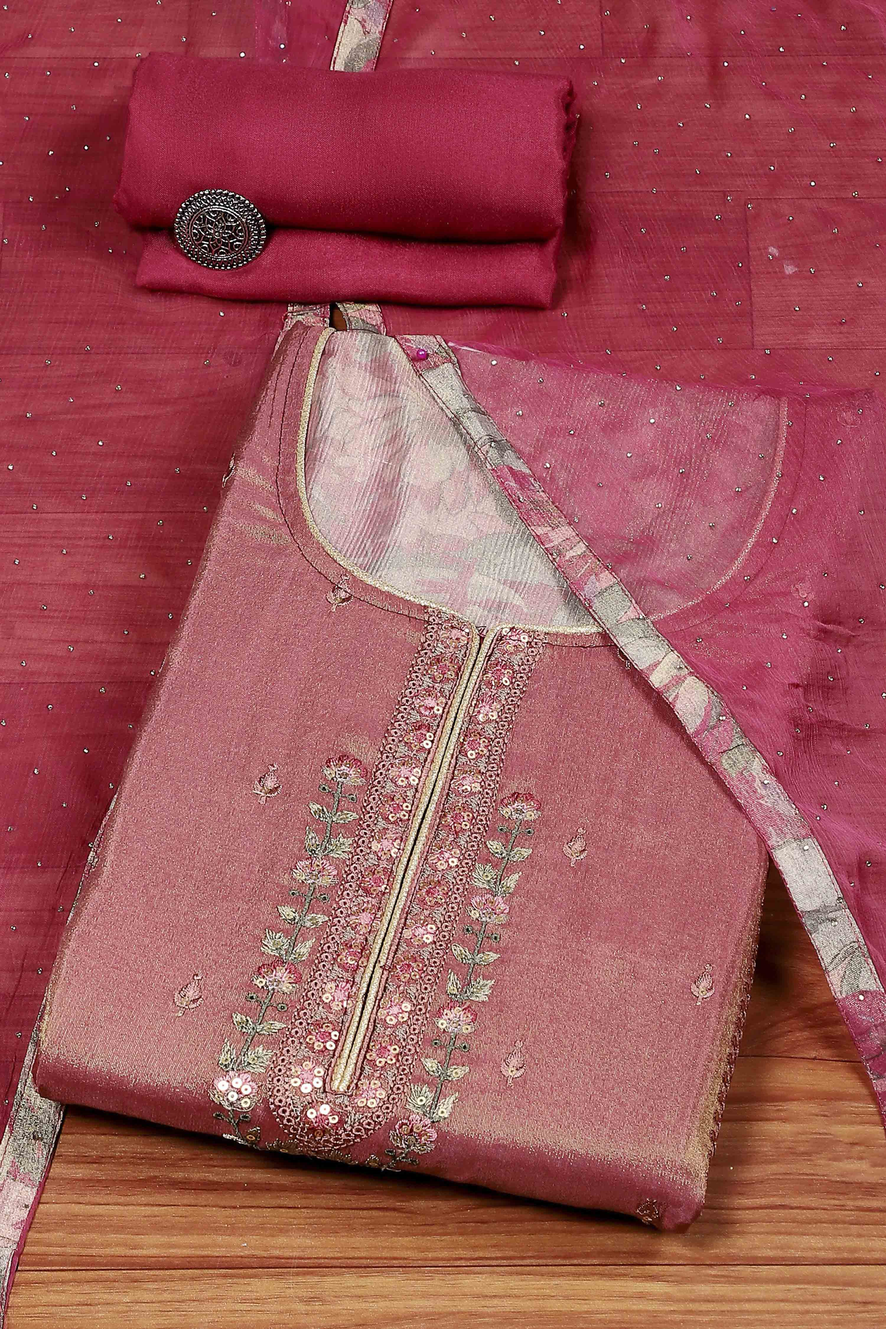 Rust Silk Blend Machine Embroidered Unstitched Suit Set image number 0