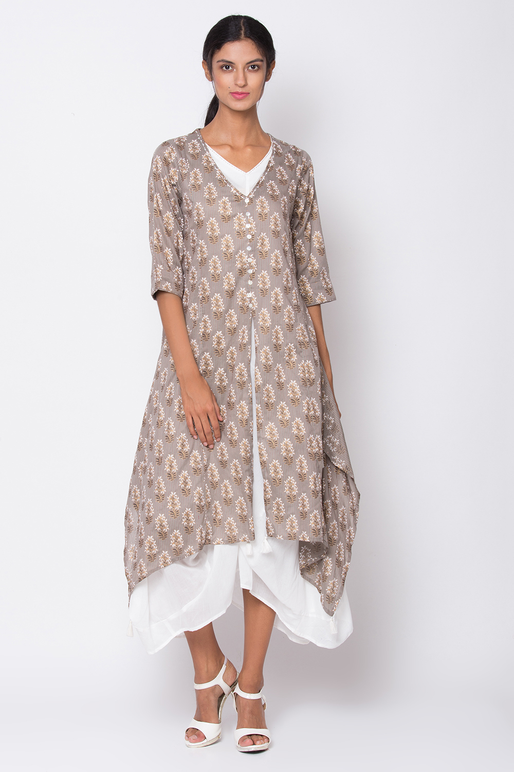 Grey Cotton Fusion Wear Dress image number 4