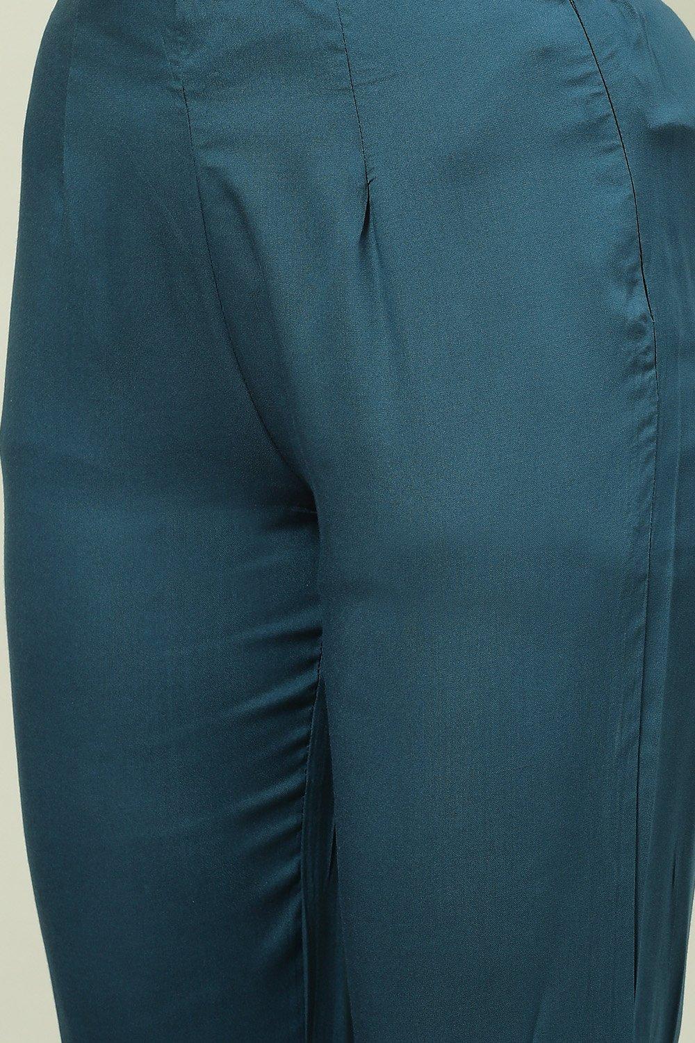 Teal Printed Straight Kurta Slim Pant Suit Set image number 2