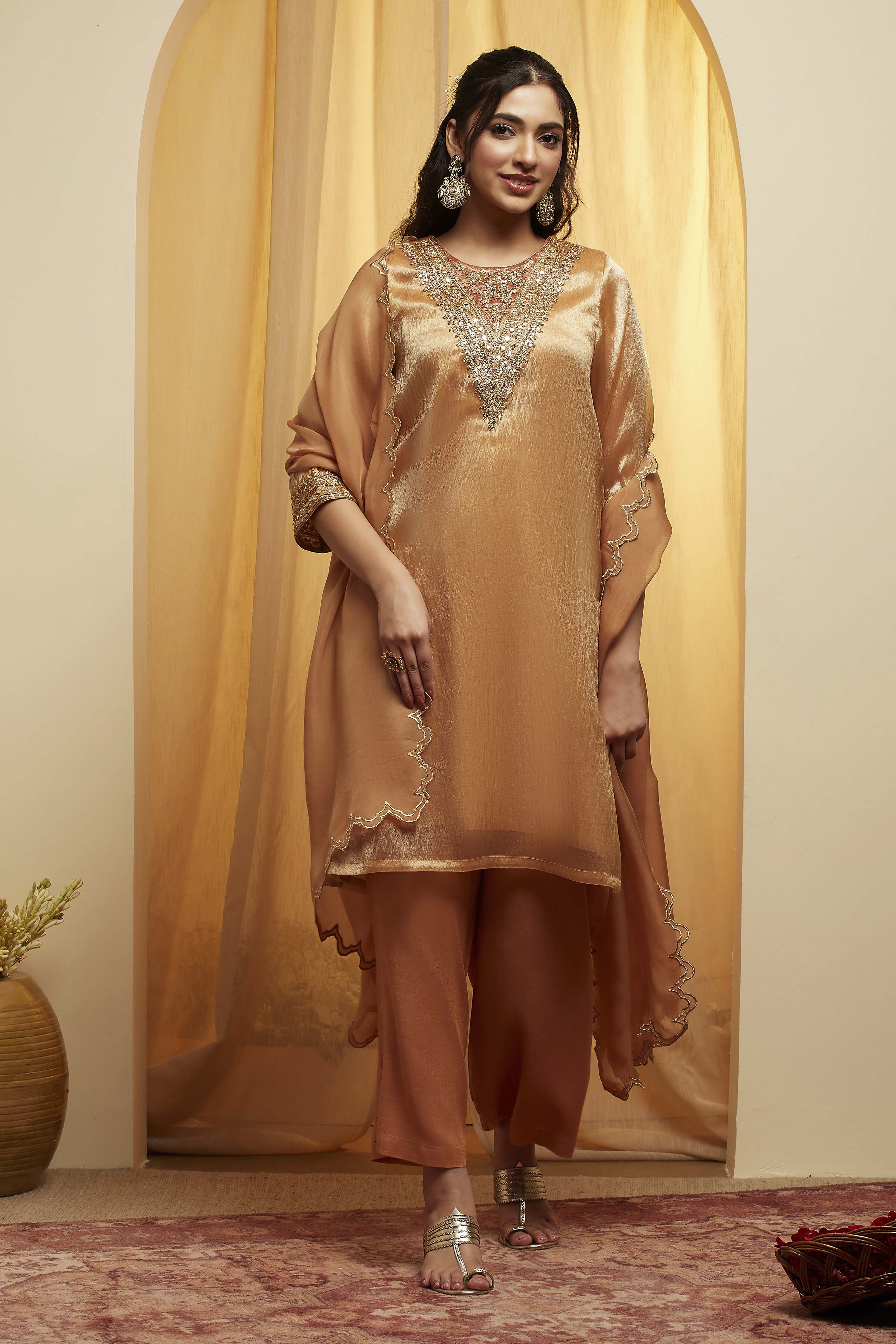 Gold Viscose Rayon Straight Suit Set image number 6