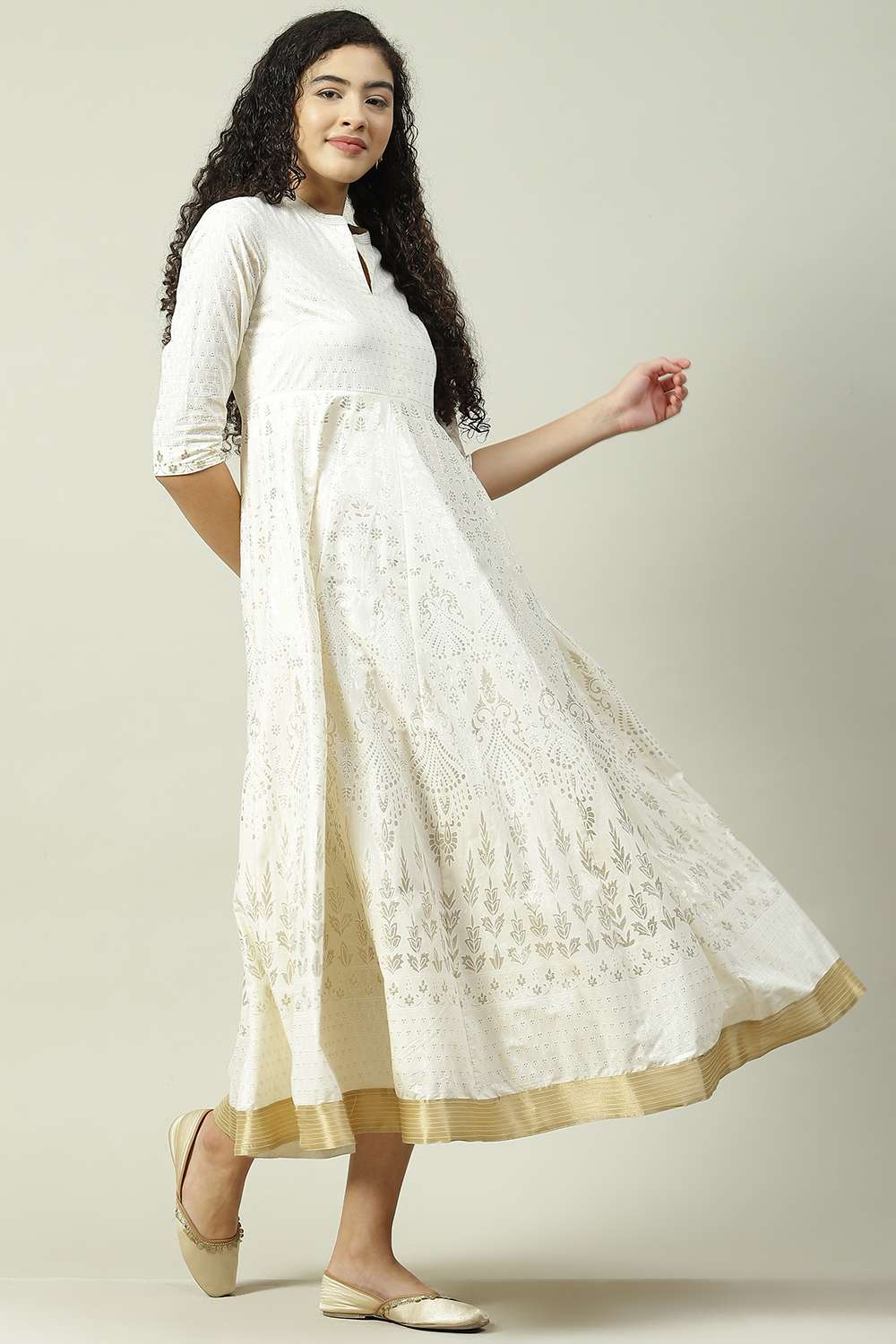 Off White Cotton Flared Fusion Printed Dress image number 3