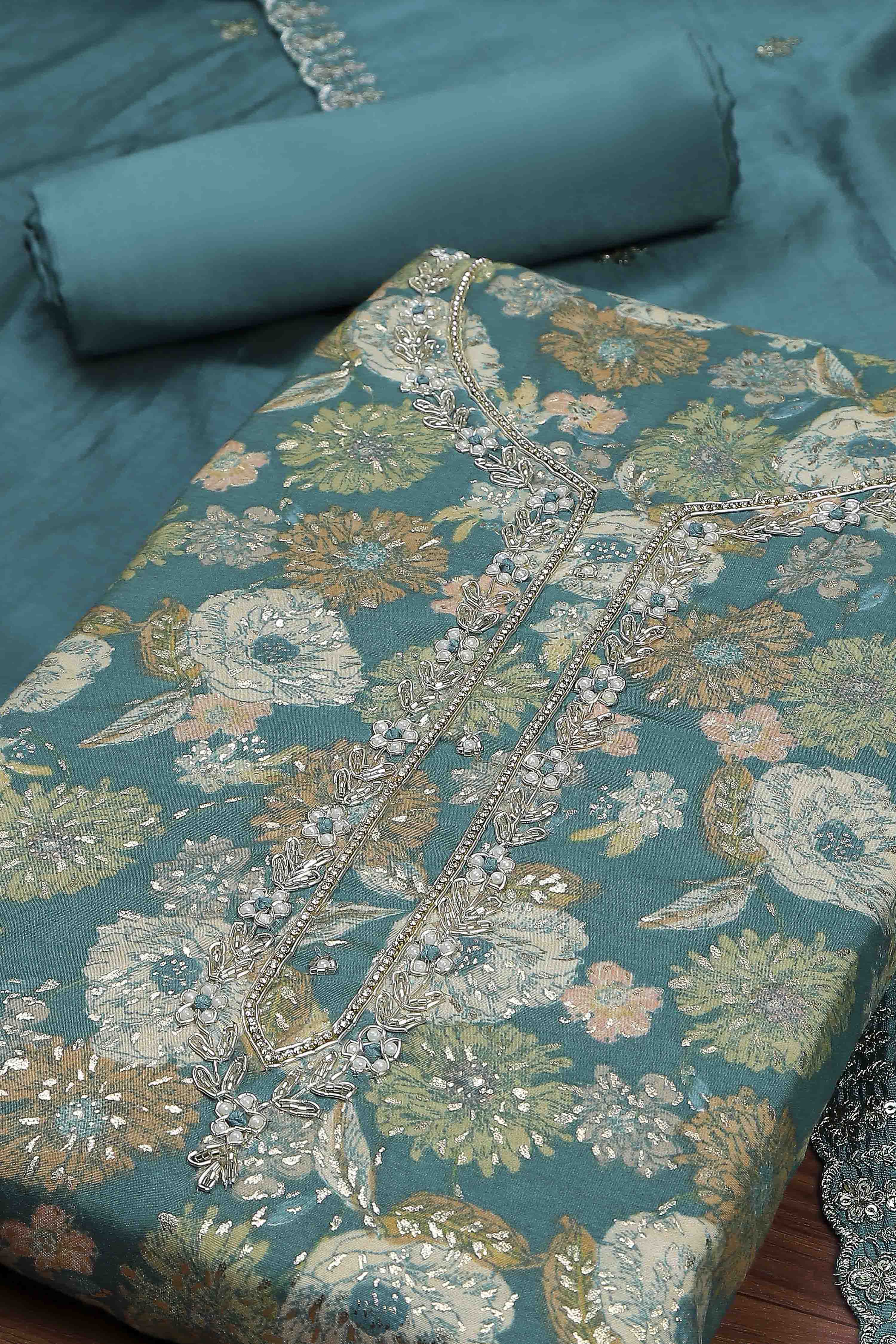 Green Modal Rajasthani Print Unstitched Suit Set image number 1