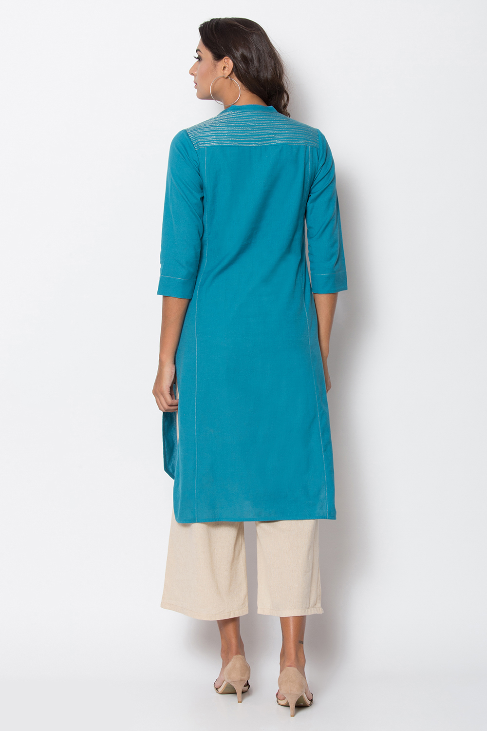 Teal Cotton Flax Front Open Solid Kurta image number 4