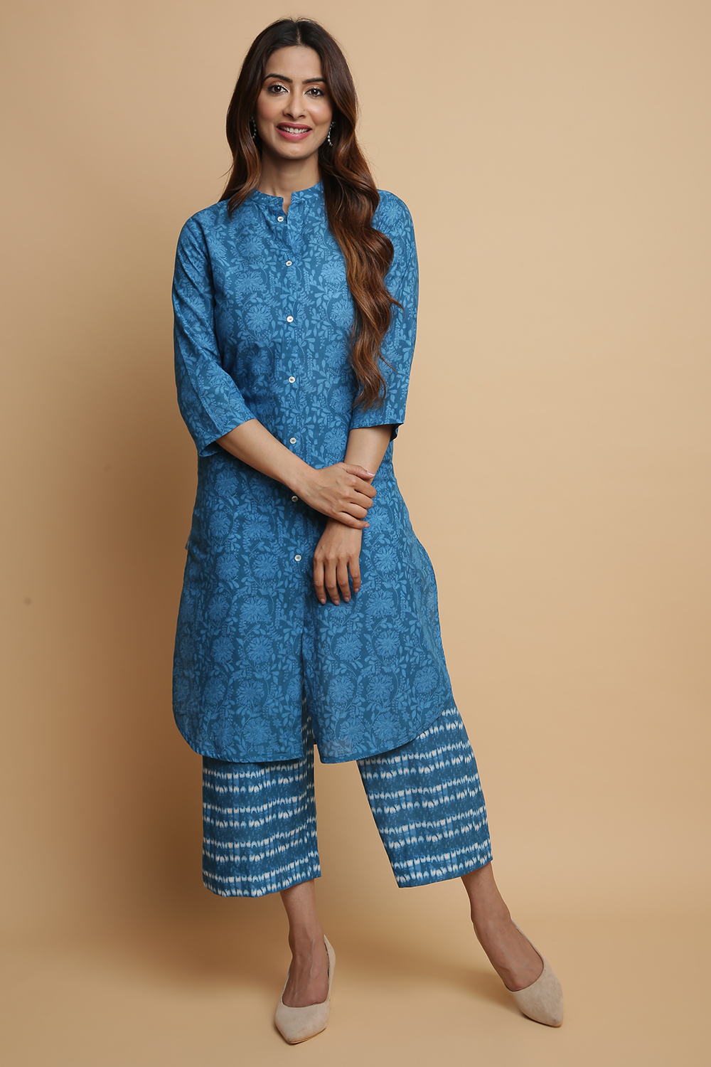 Teal Cotton Straight Kurta Pants Set image number 0