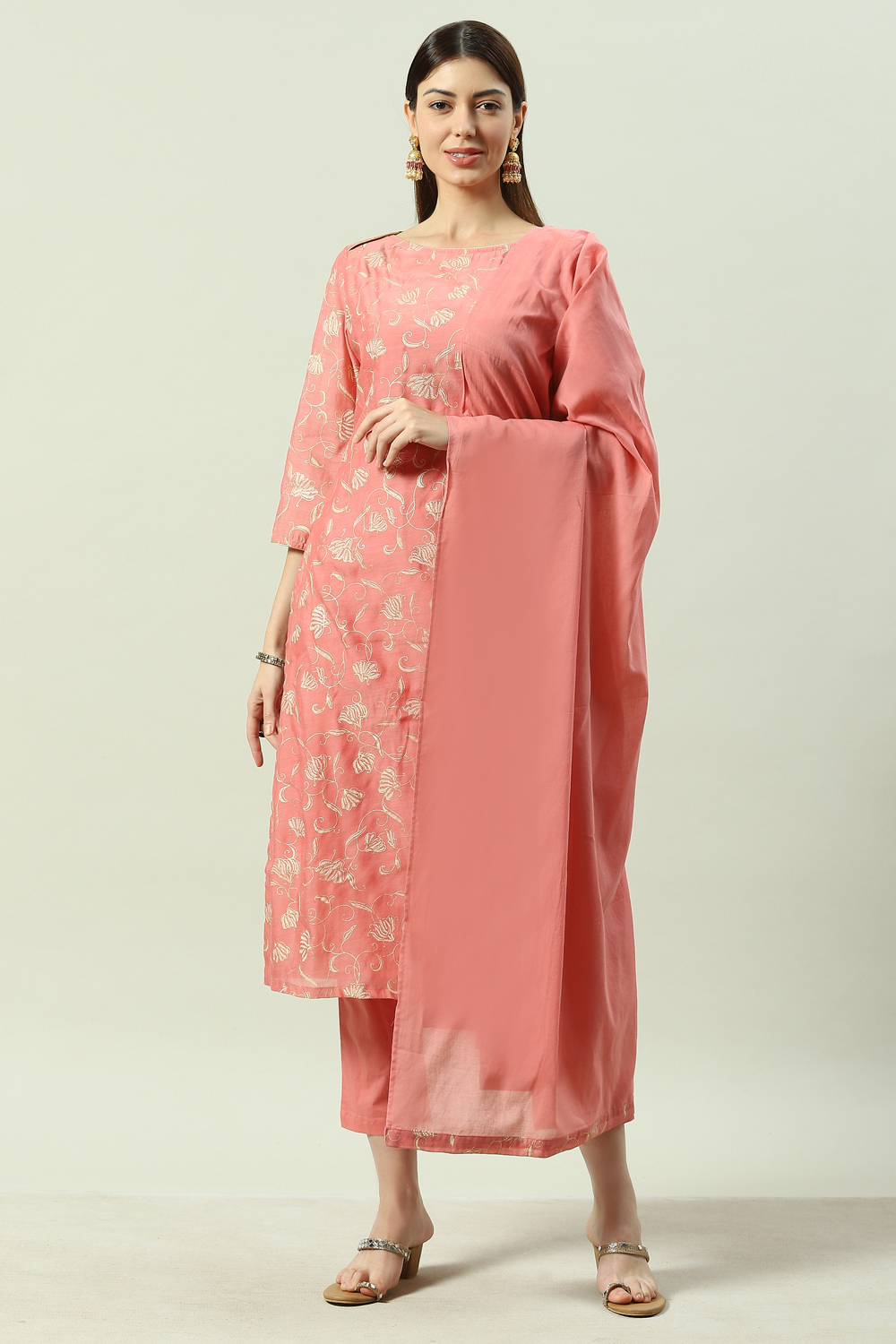 Blush Pink Printed Straight Kurta Regular Pant Suit Set image number 0