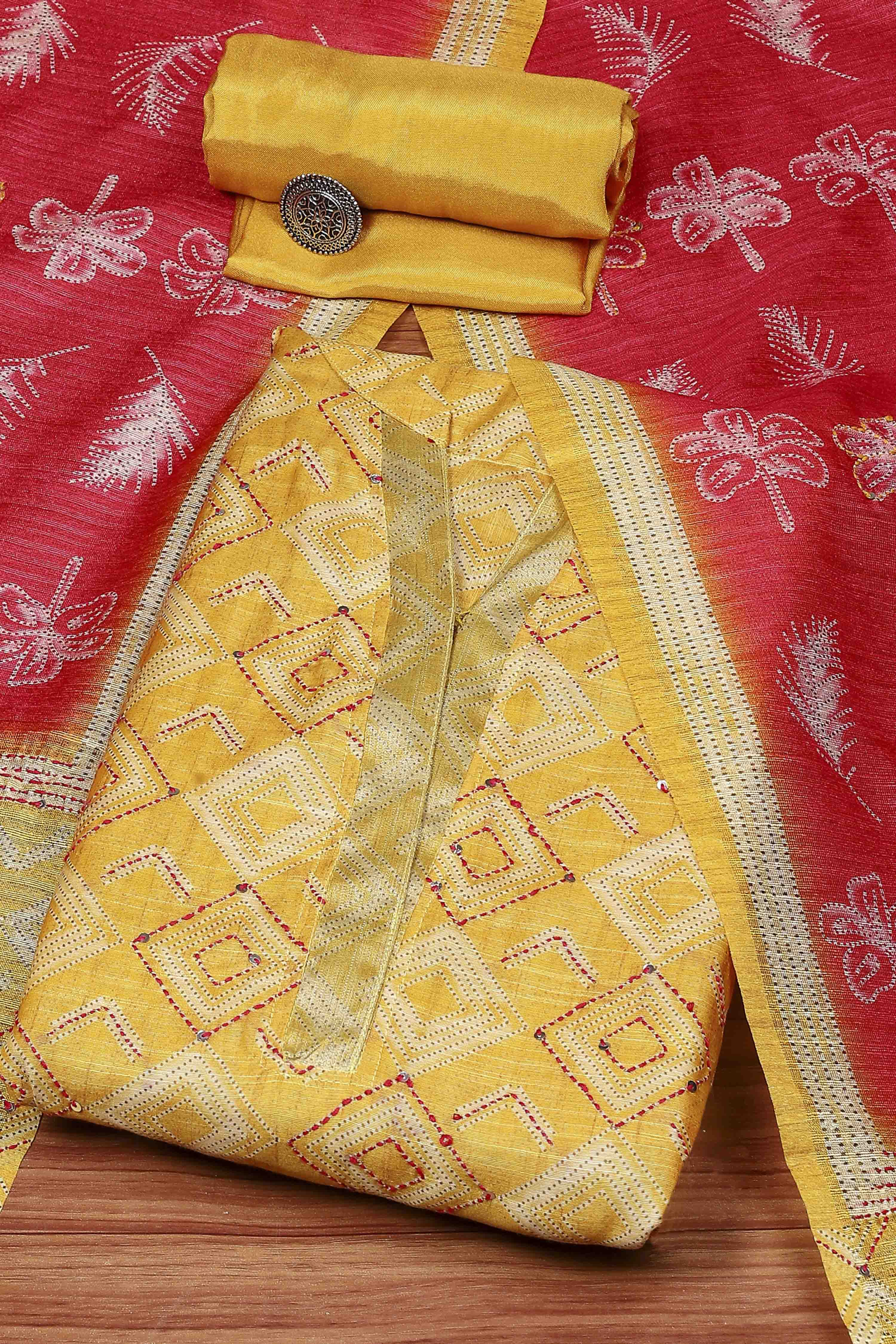 Yellow Silk Blend Printed Unstitched Suit Set image number 0