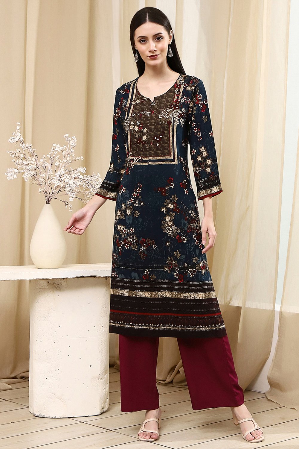 Berry Maroon Solid Straight Palazzos image number 0