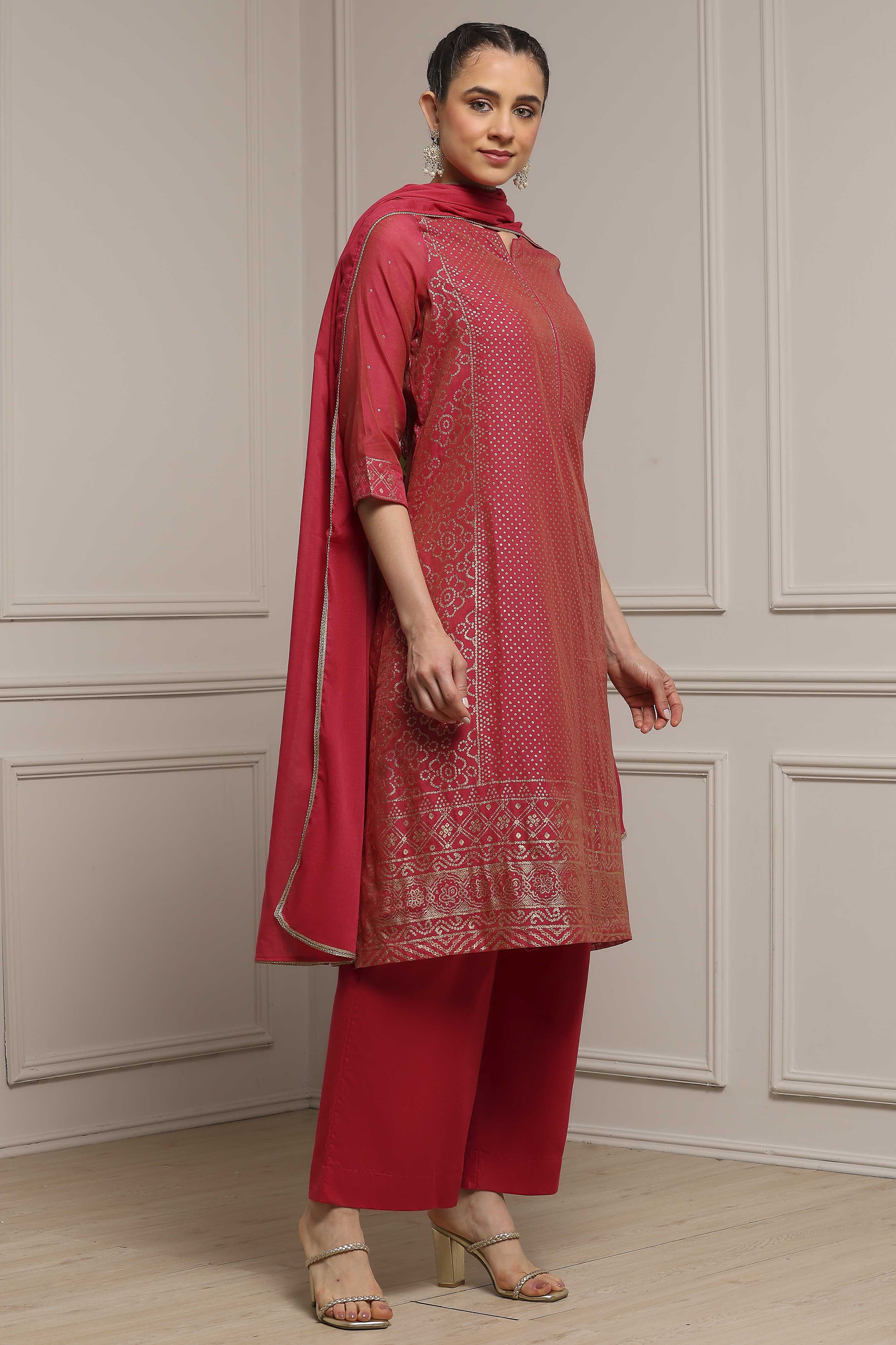 Turquoise Cotton Blend Printed Straight Suit Set image number 7