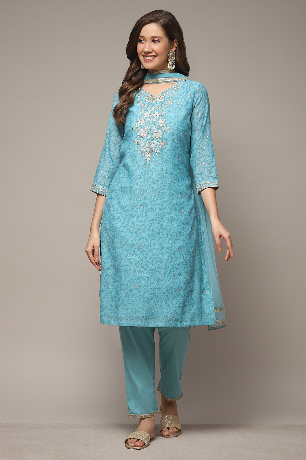 Turquoise Cotton Blend Straight Kurta Pants Suit Set image number 1