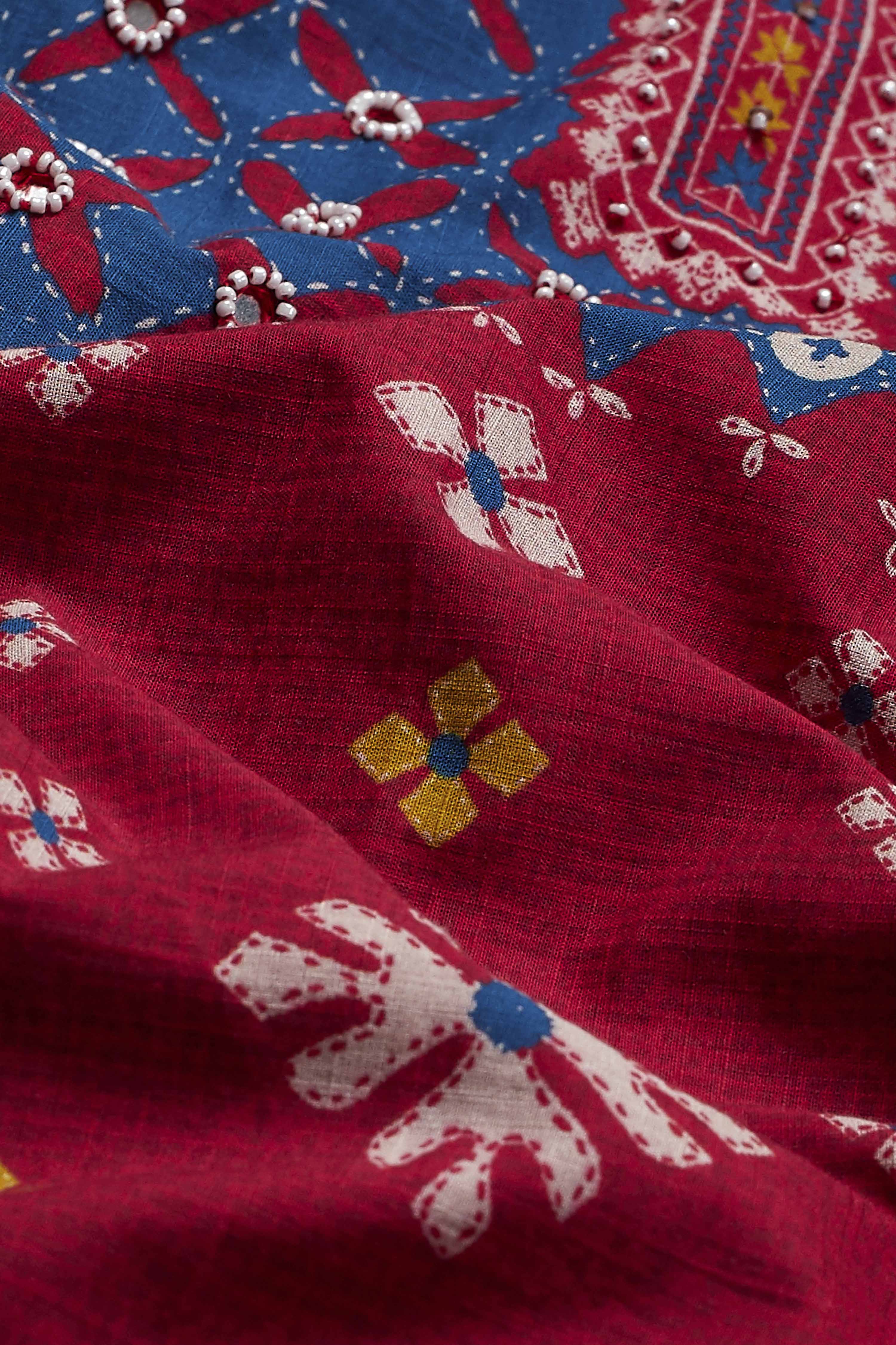 Red Cotton Printed Straight Kurta Set image number 3