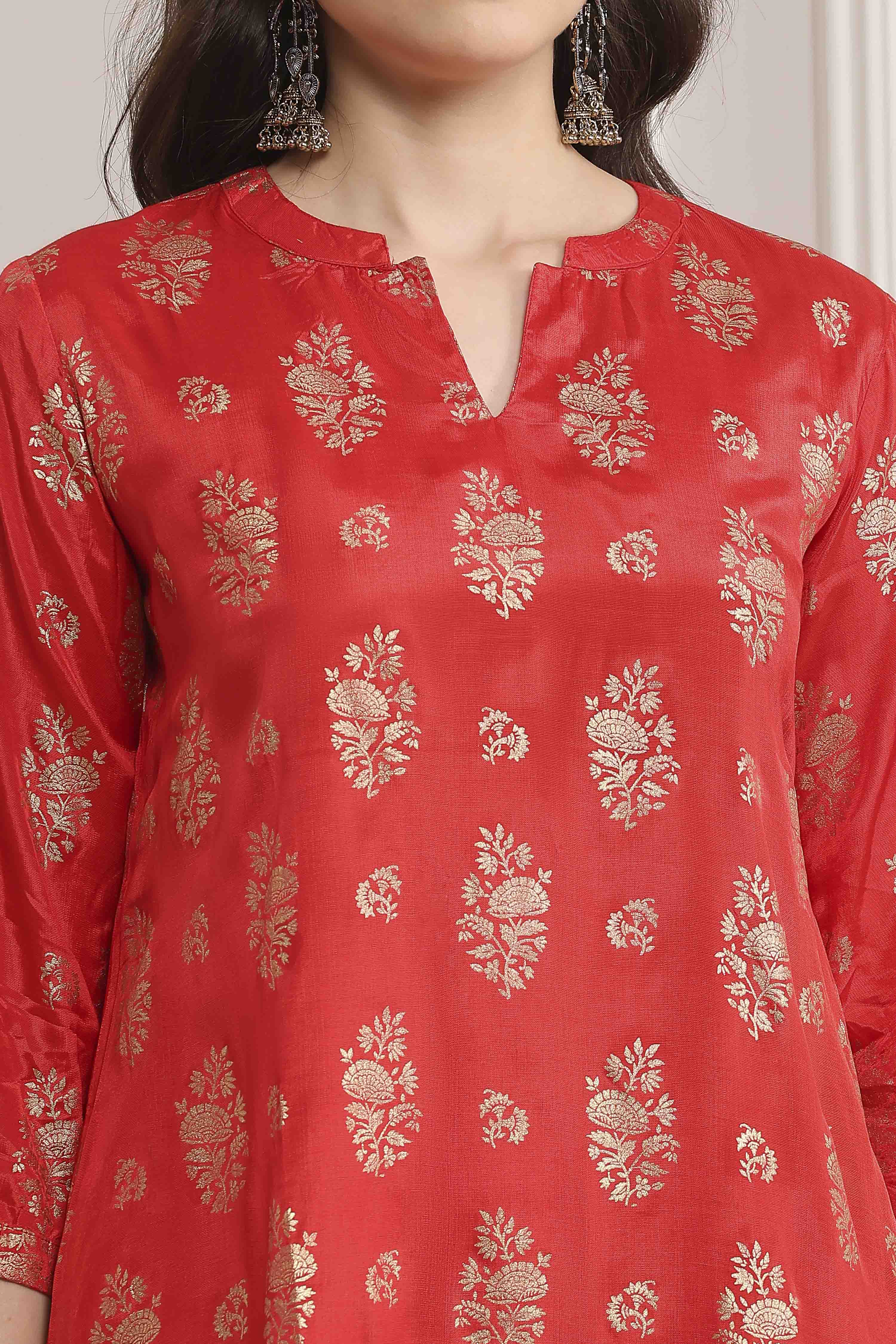 Red Rayon A-Line Printed Kurta image number 1