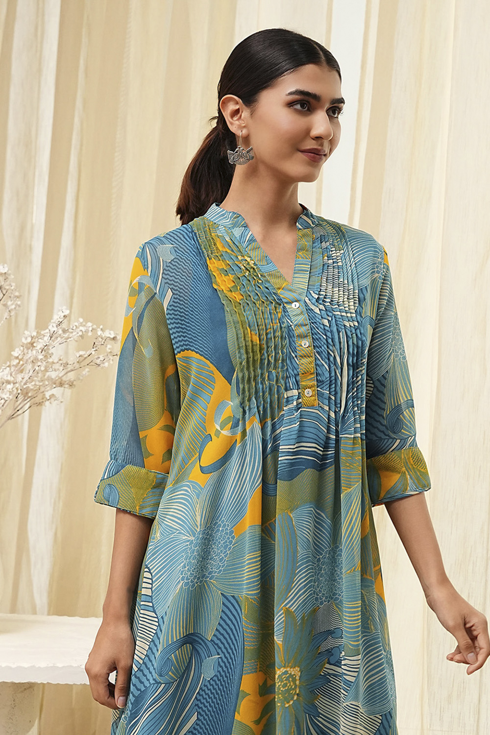 Blue Printed Pleated A-Line Kurta image number 1