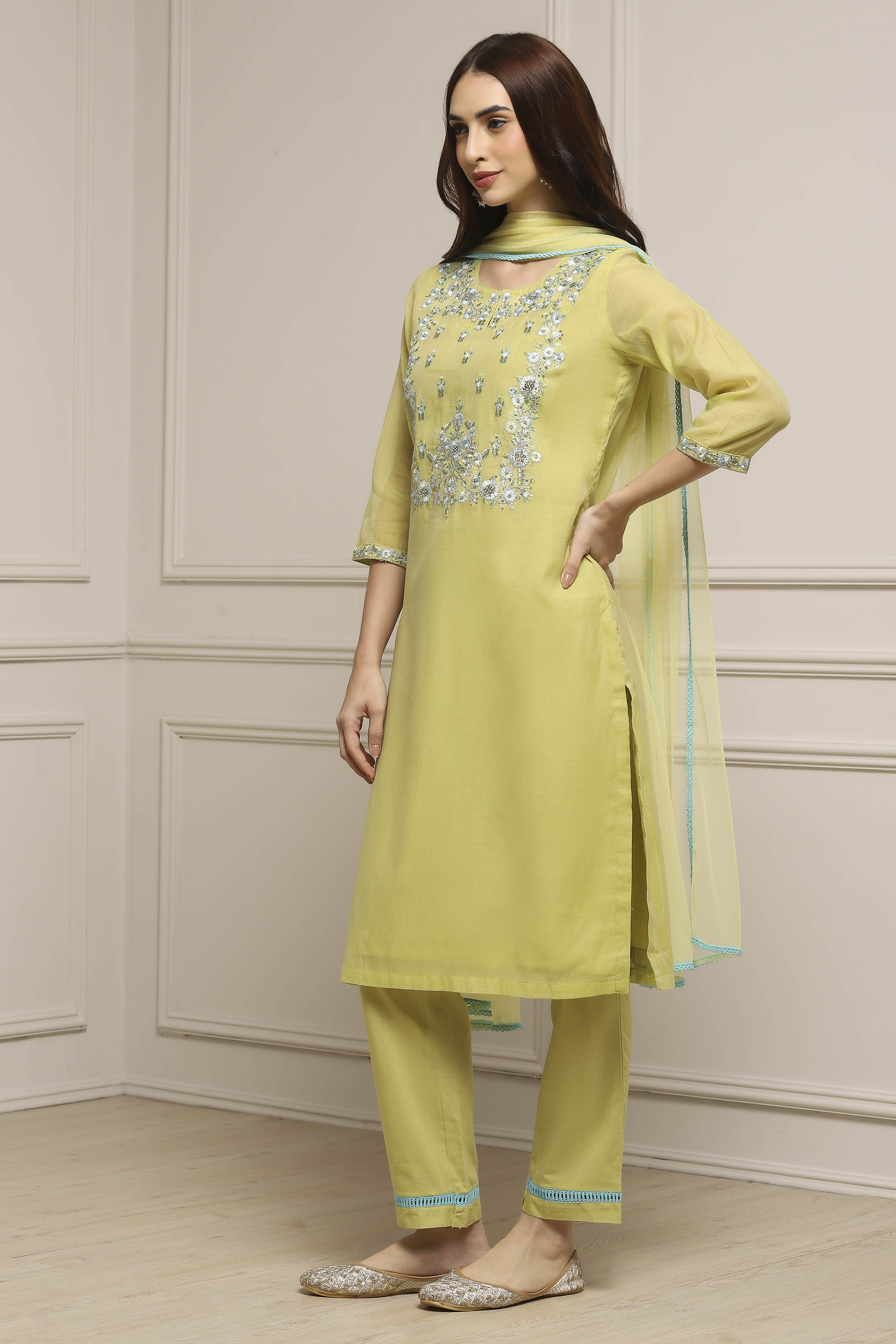 Peach Art Silk A-Line Kurta Regular Pant Suit Set image number 3