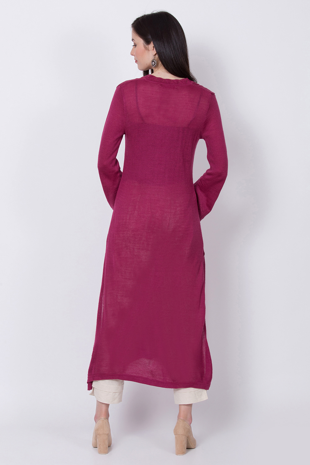 Wine Pink Acrylic And Wool Straight Solid Kurta image number 4