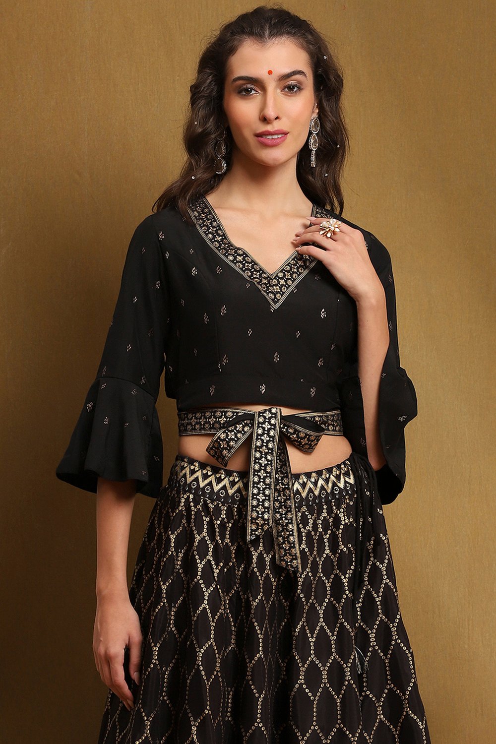 Black Hand-Block Printed Festive Crop Top image number 5