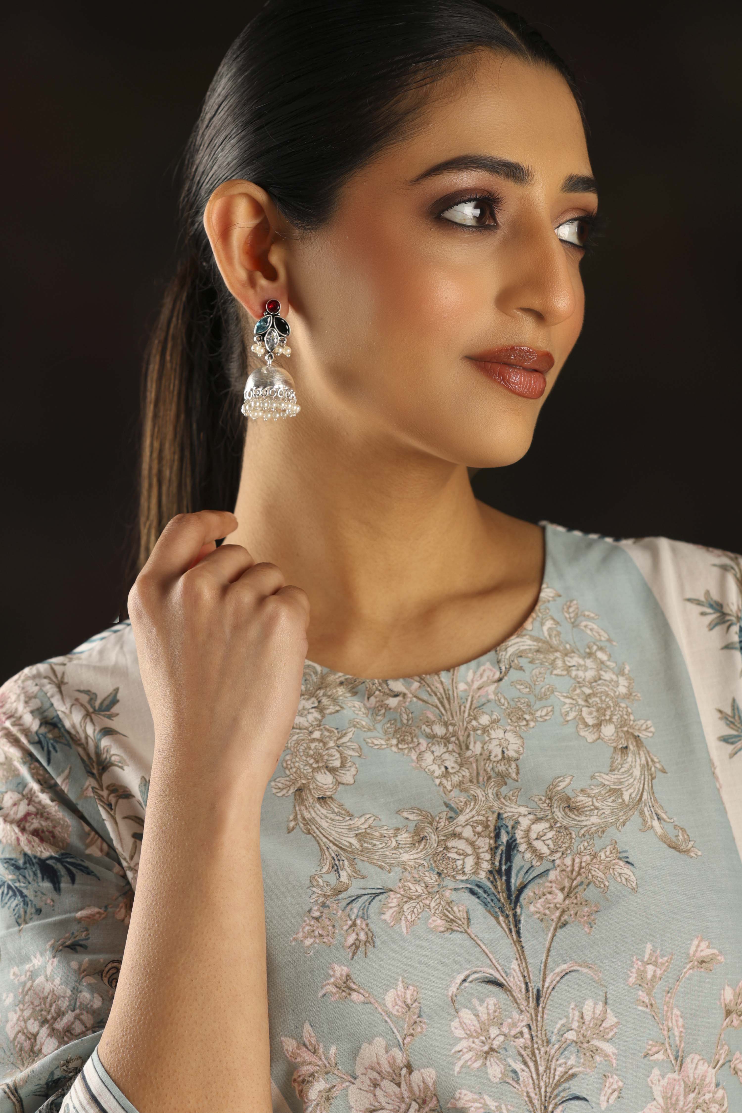 Silver Toned & Blue Oxidised Brass Studded Jhumkas image number 3
