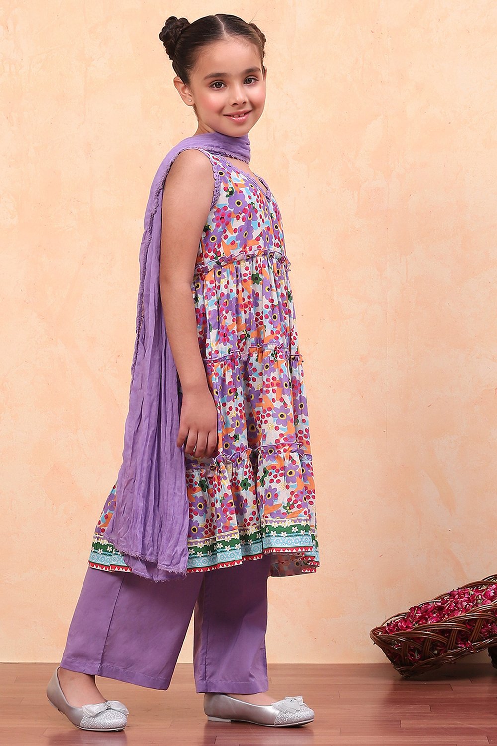 Coral Pure Cotton Floral Printed Tiered Suit Set image number 5