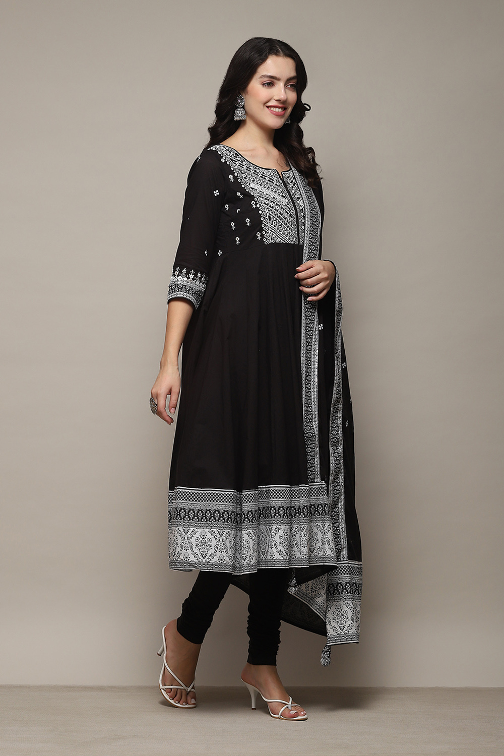 Black Cotton Anarkali Kurta Churidar Suit Set image number 6