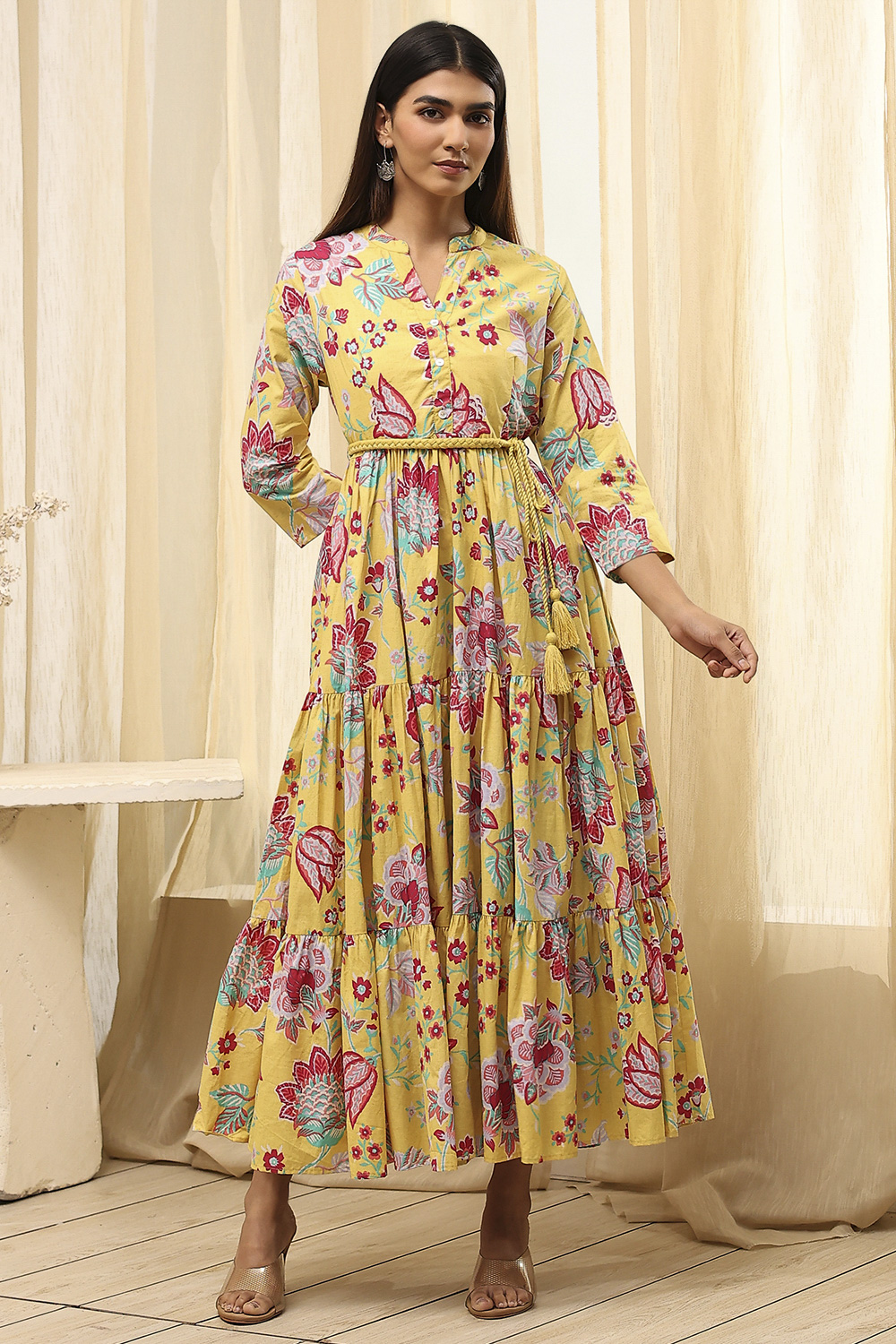Earthy Blue Cotton Floral Tiered Dress image number 5