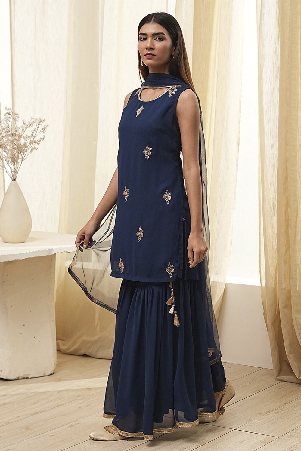 Ochre Yellow Embroidered Straight Suit Set image number 3