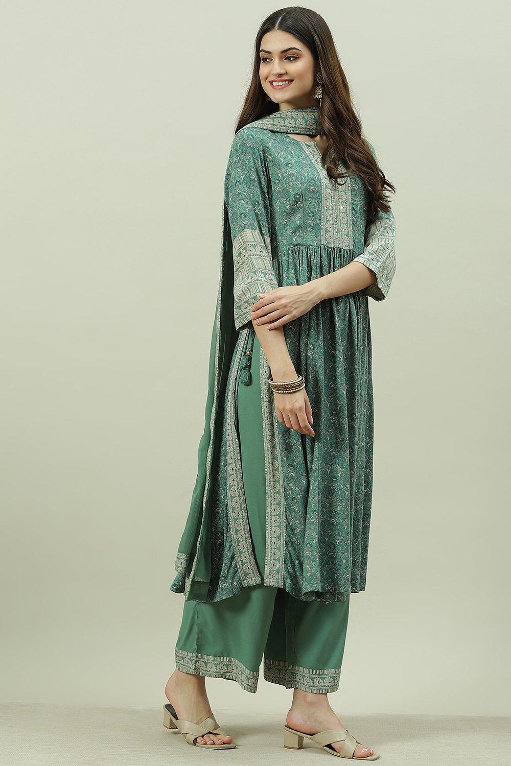 Sage Green Rayon Gathered Kurta Palazzo Suit Set image number 7