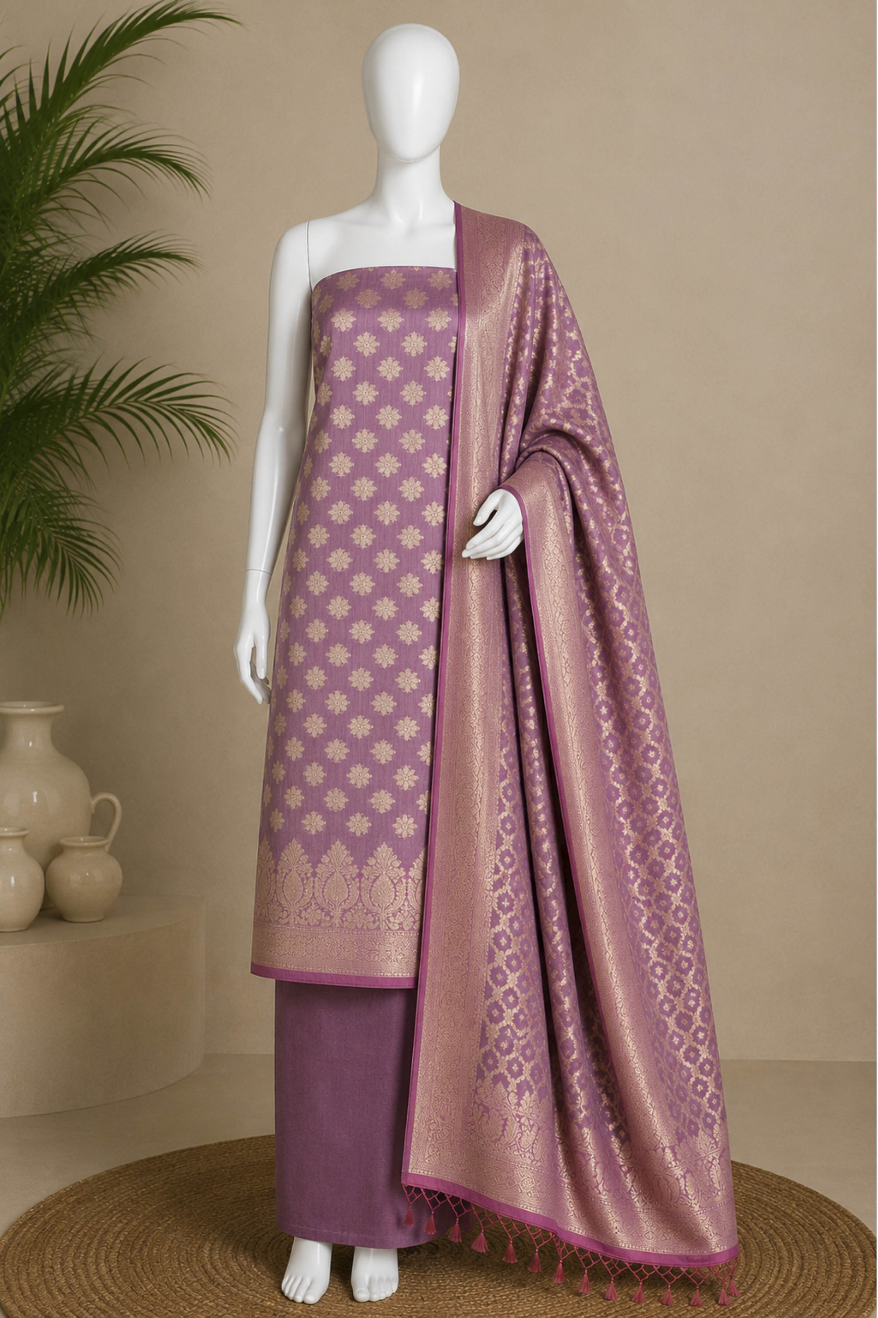 Purple Chanderi Banarsi Weave Unstitched Suit Set image number 5