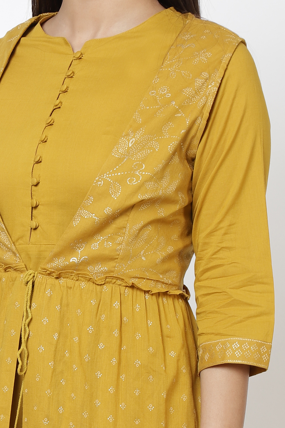 Mustard Cotton Flared Printed Kurta image number 1