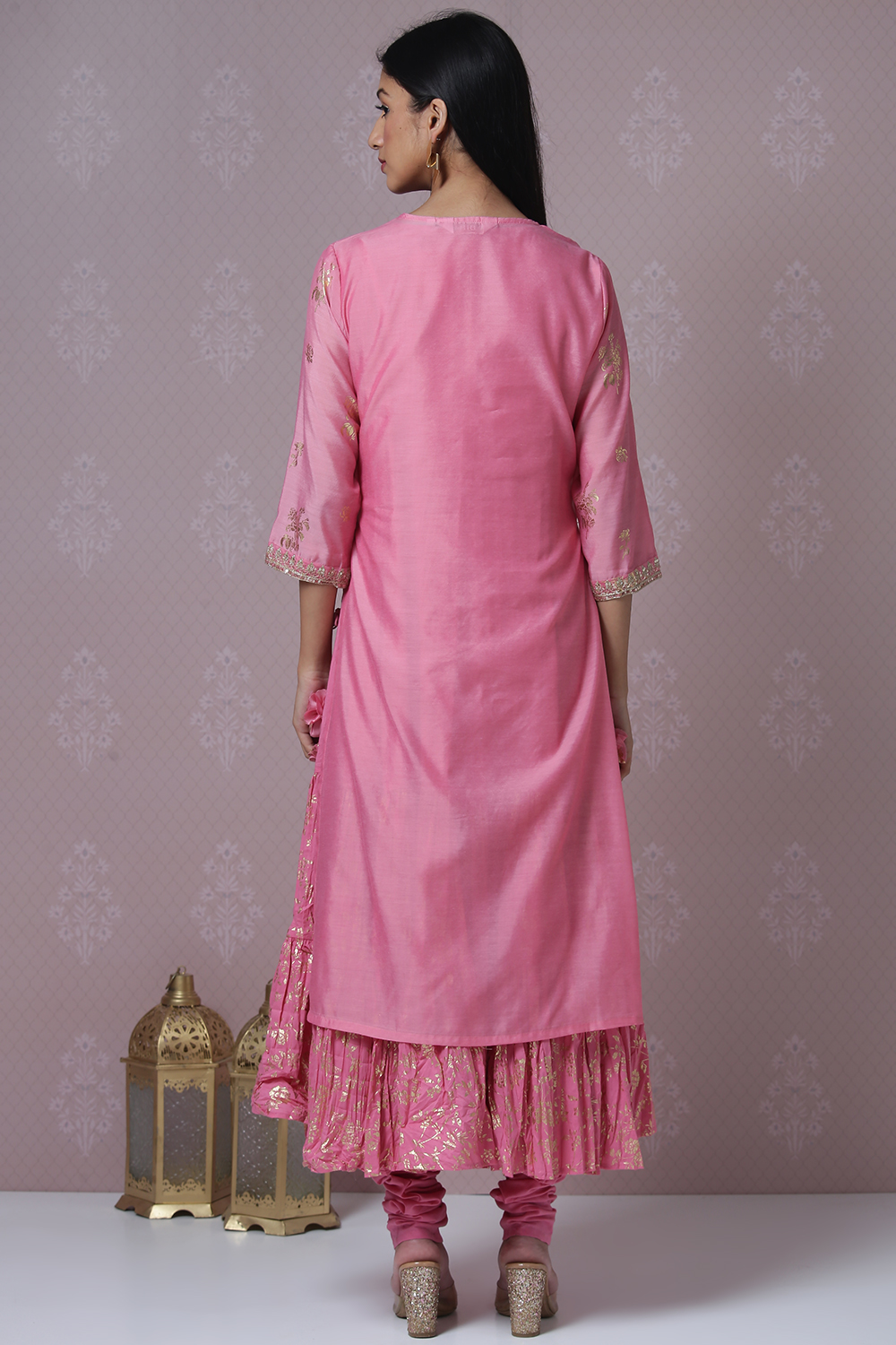 Pink Art Silk Double Layered Kurta Churidar Suit Set image number 9