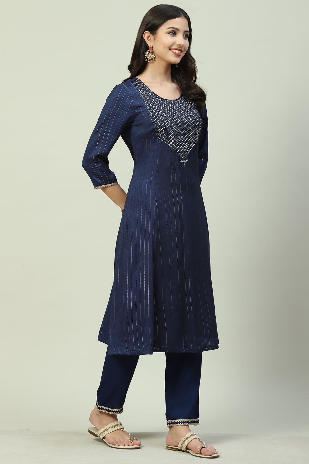 Navy Blue LIVA Metallic Straight Kurta Pants Suit Set image number 5