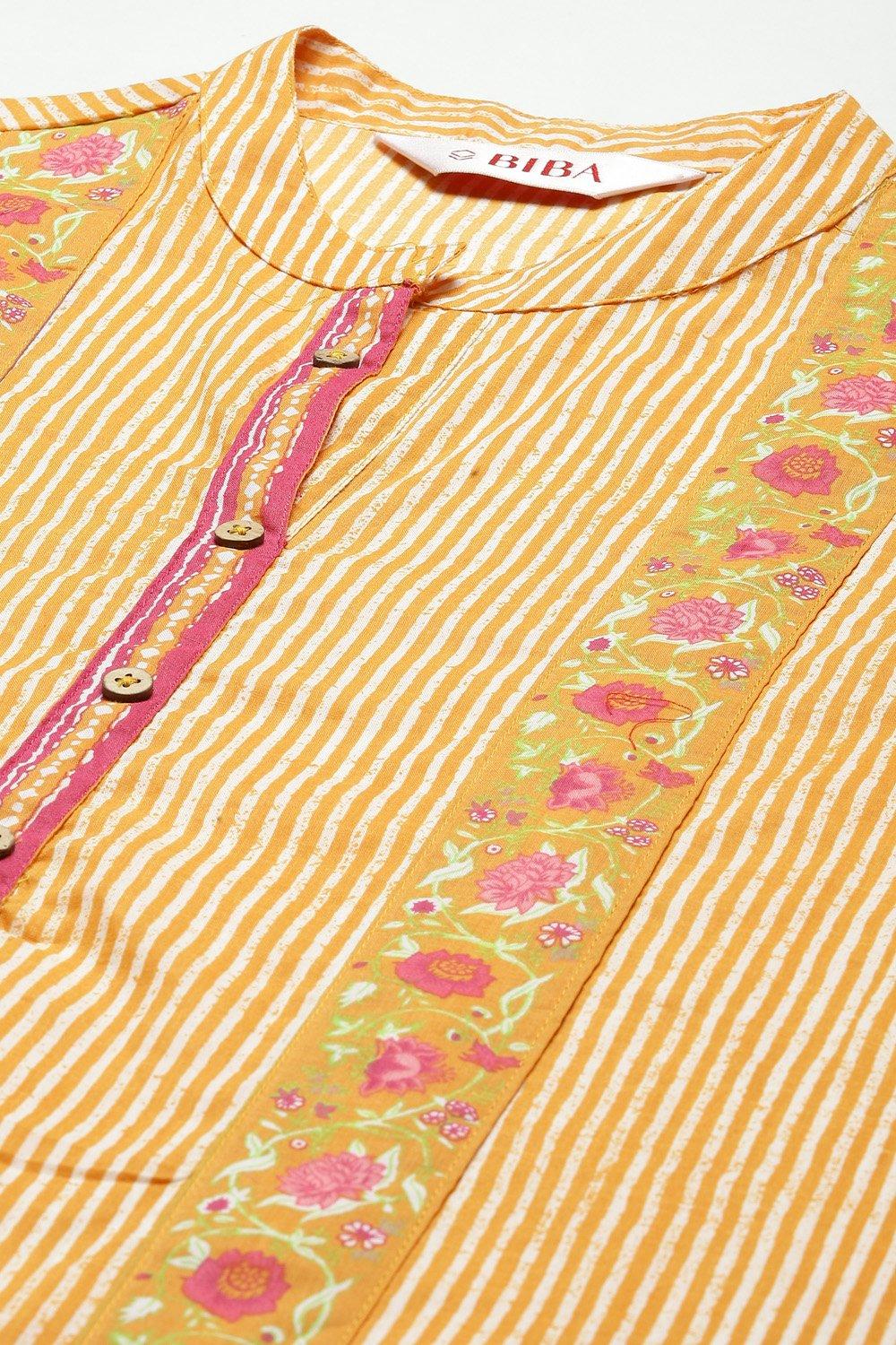 Yellow Printed Cotton A-Line Kurta Palazzo Suit Set image number 1