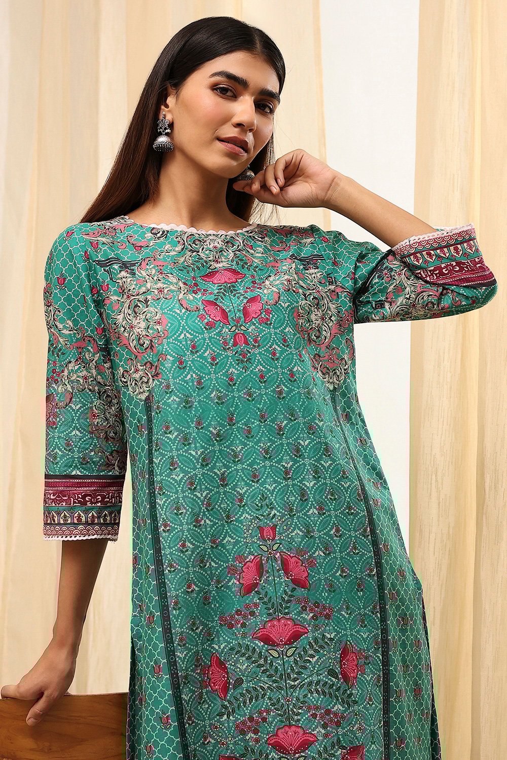Green Cotton Printed Straight Kurta image number 1