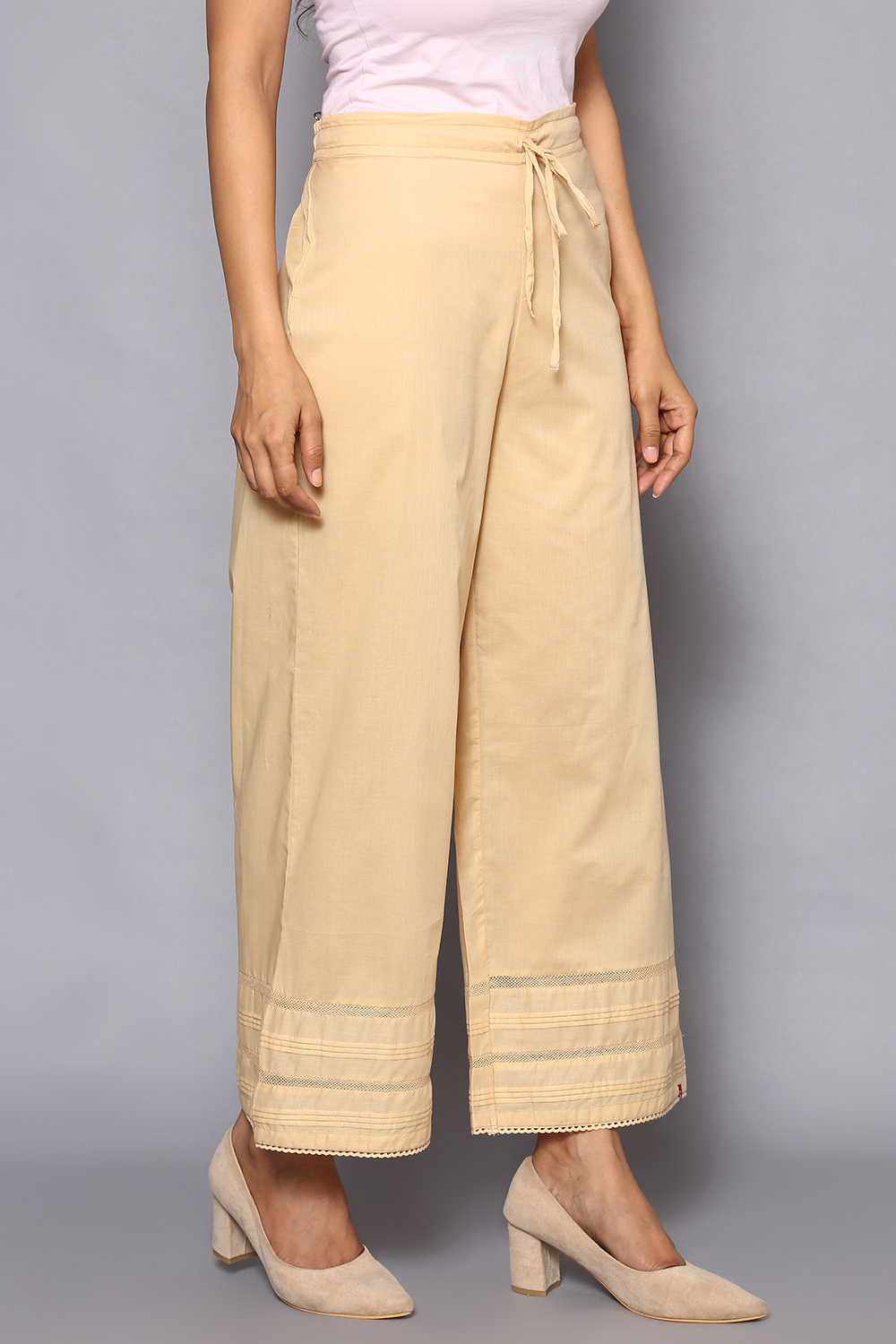 Beige Cotton Straight Palazzos image number 3