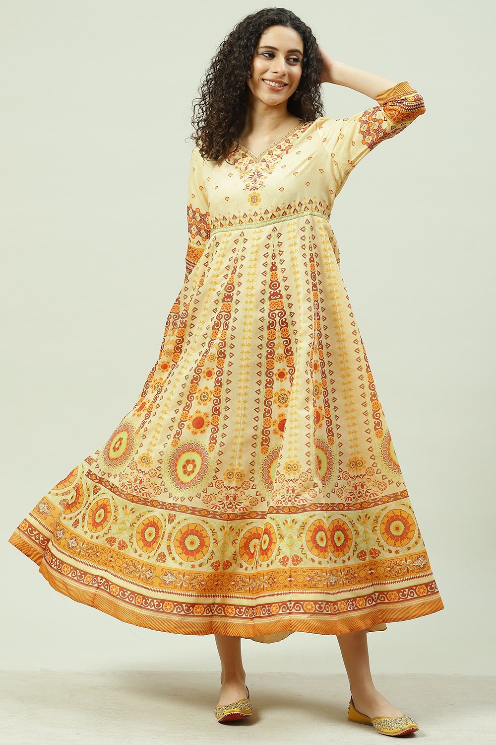 Beige Flared Fusion Printed Dress image number 2