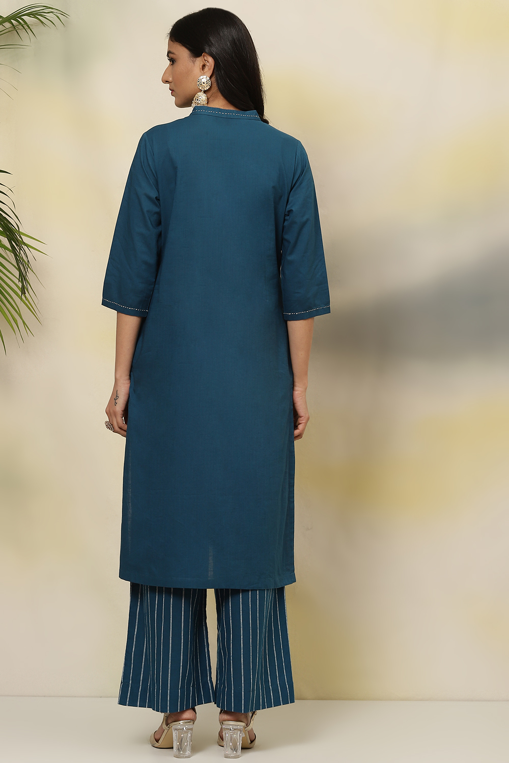 Teal Cotton A-Line Fusion Solid Kurta Set image number 4