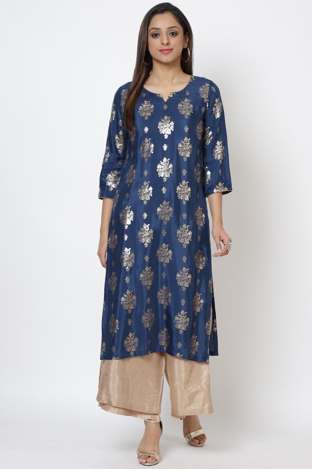 Navy Viscose Straight Printed Kurta image number 2