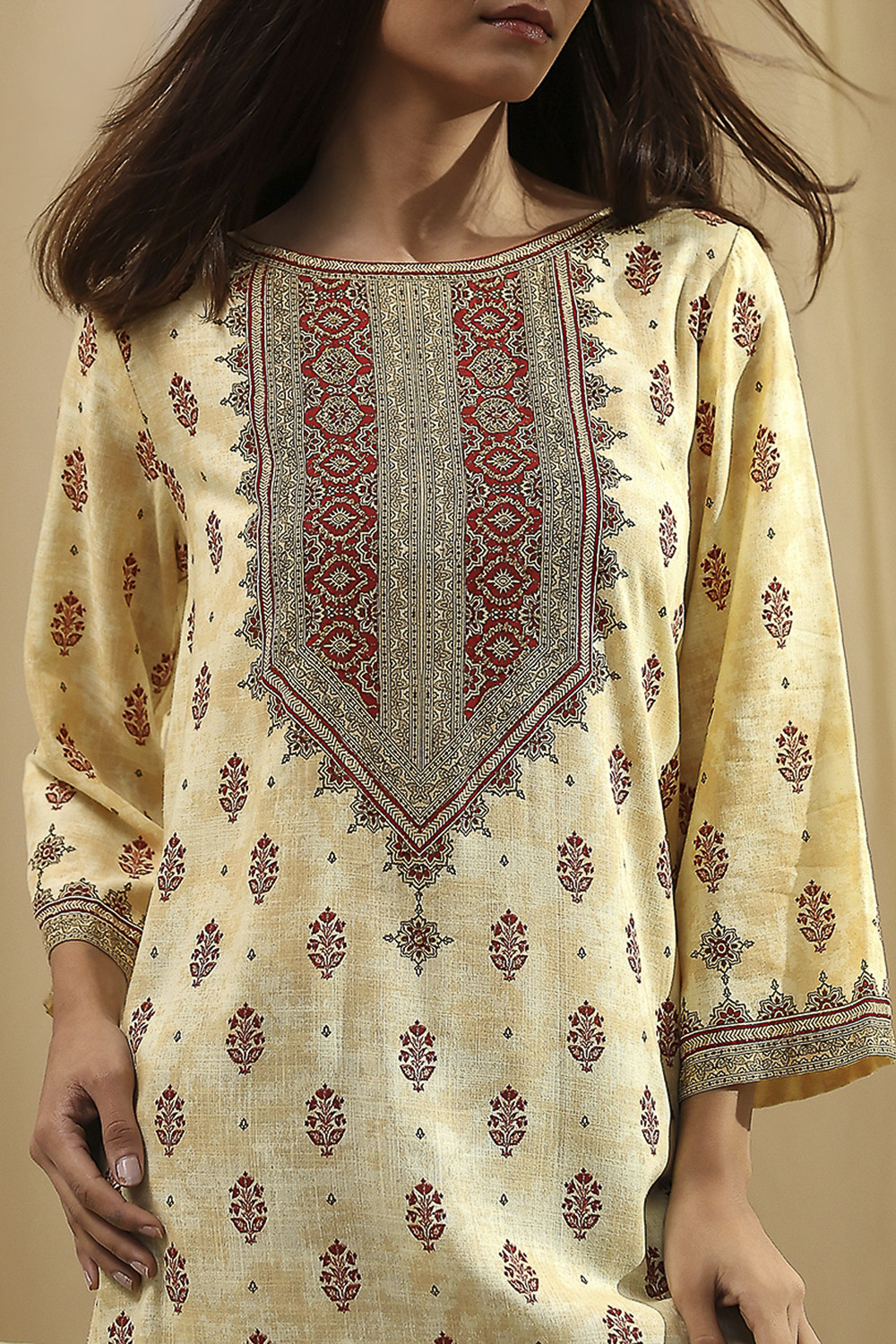 Beige Printed Straight Short Kurta image number 1