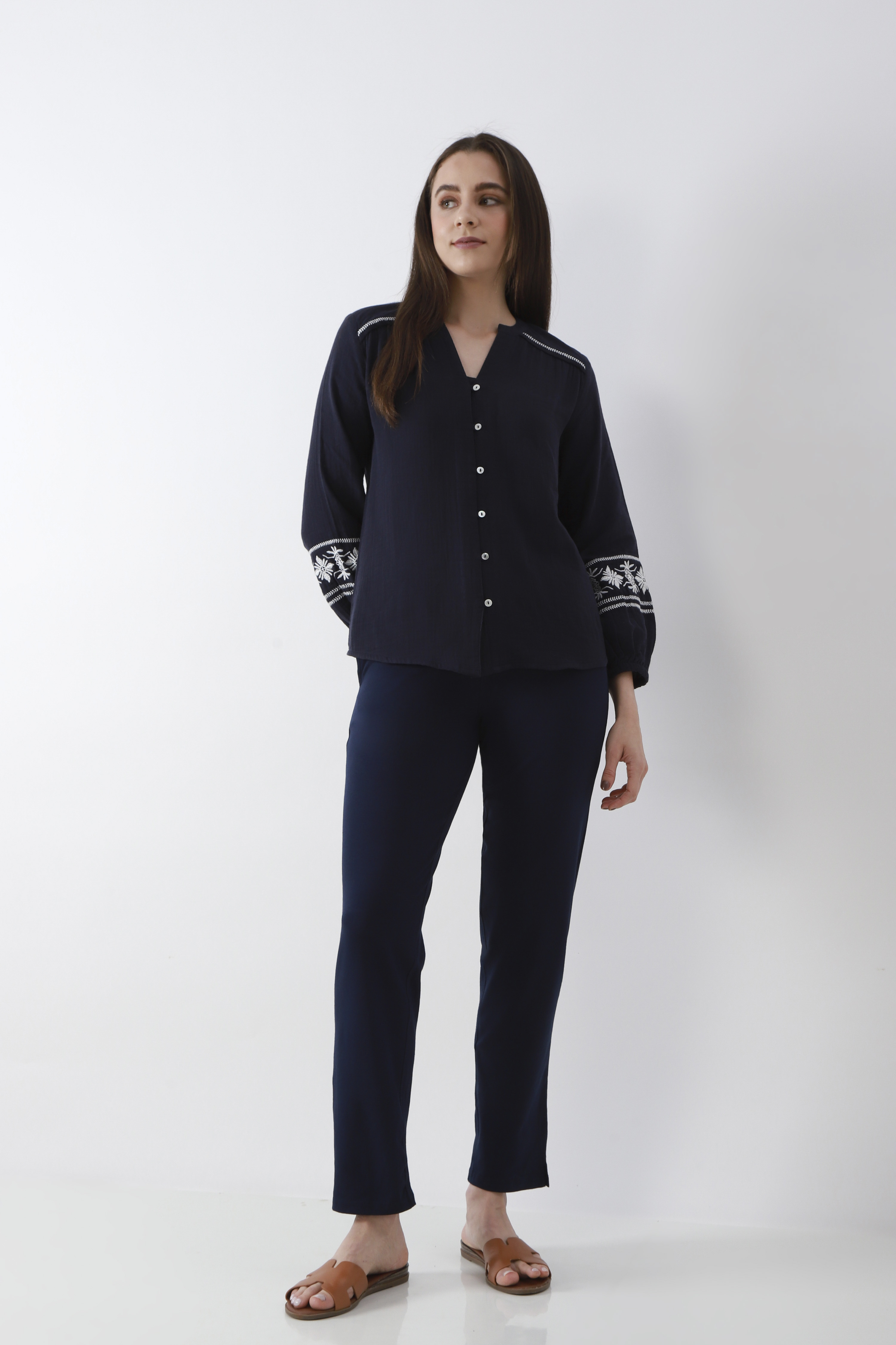 Blue Cotton Lycra Straight Pants image number 0