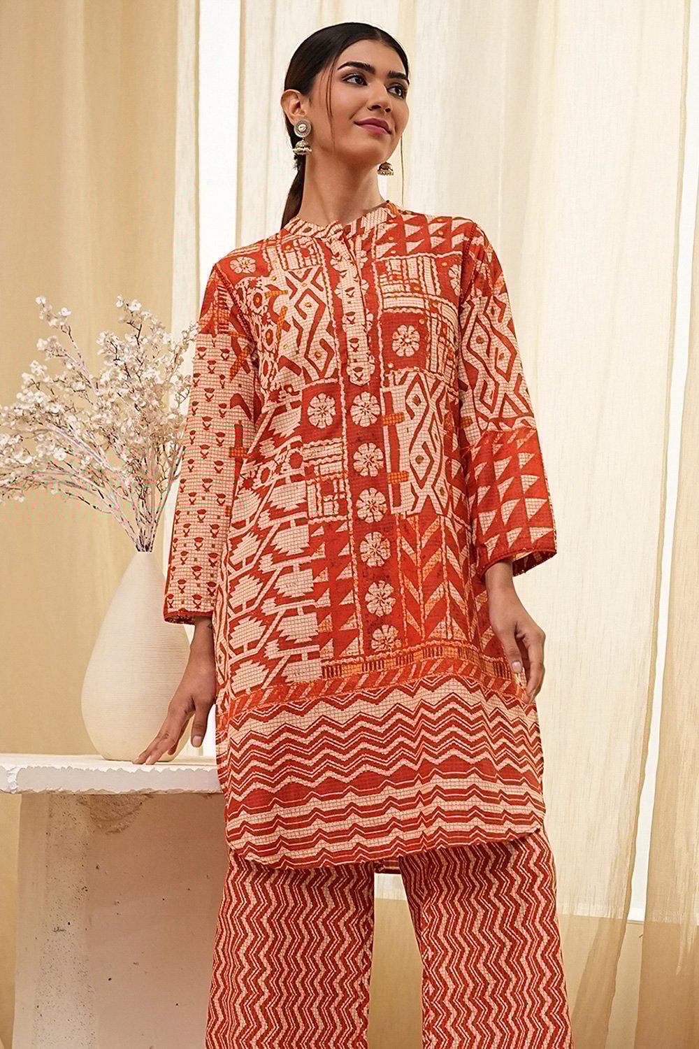 Rust Pure Cotton Printed Kurta Set image number 0